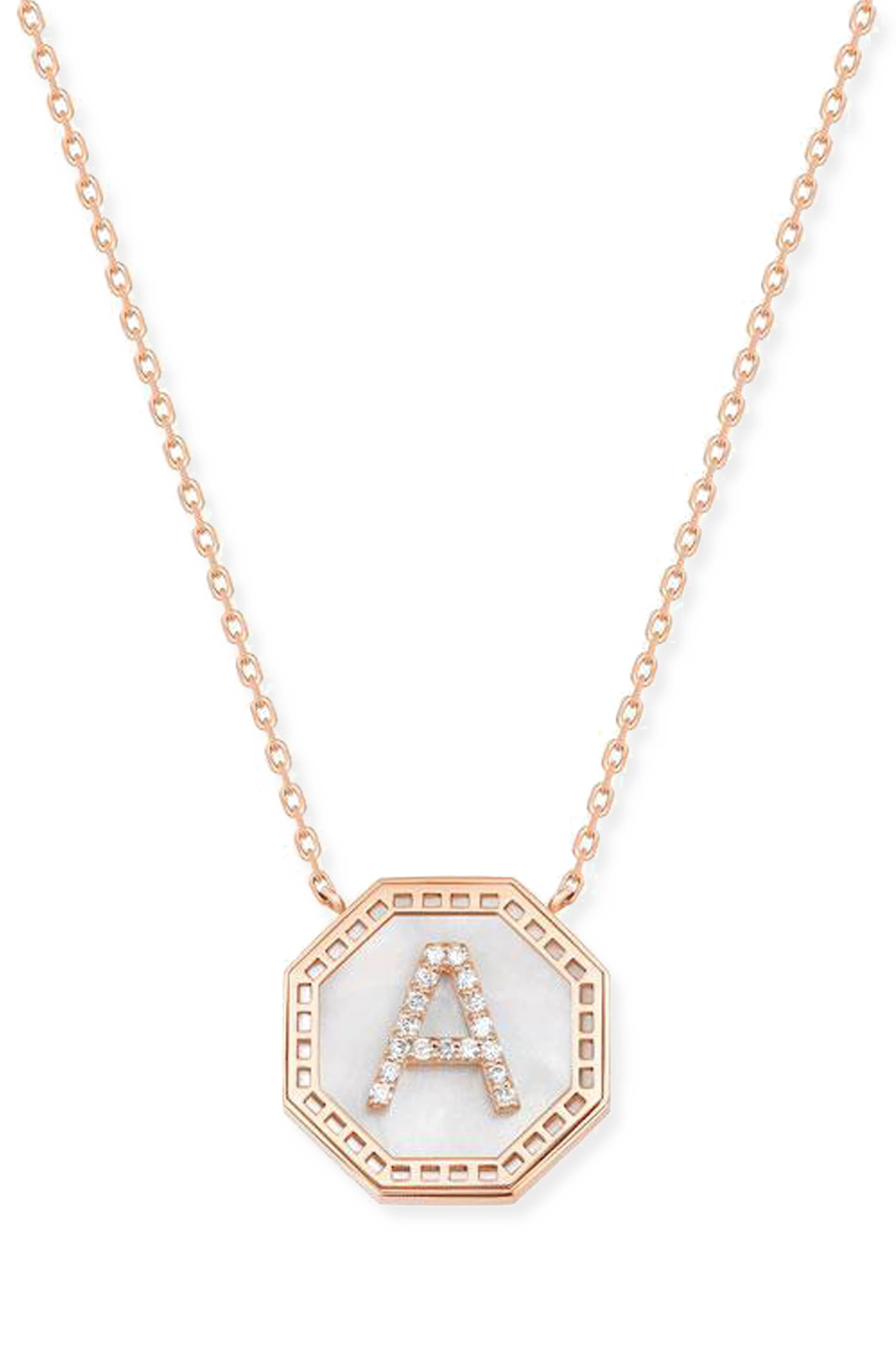 Harf Turath Letter A Pendant Necklace, 18k Rose Gold, Diamonds & Mother of Pearl