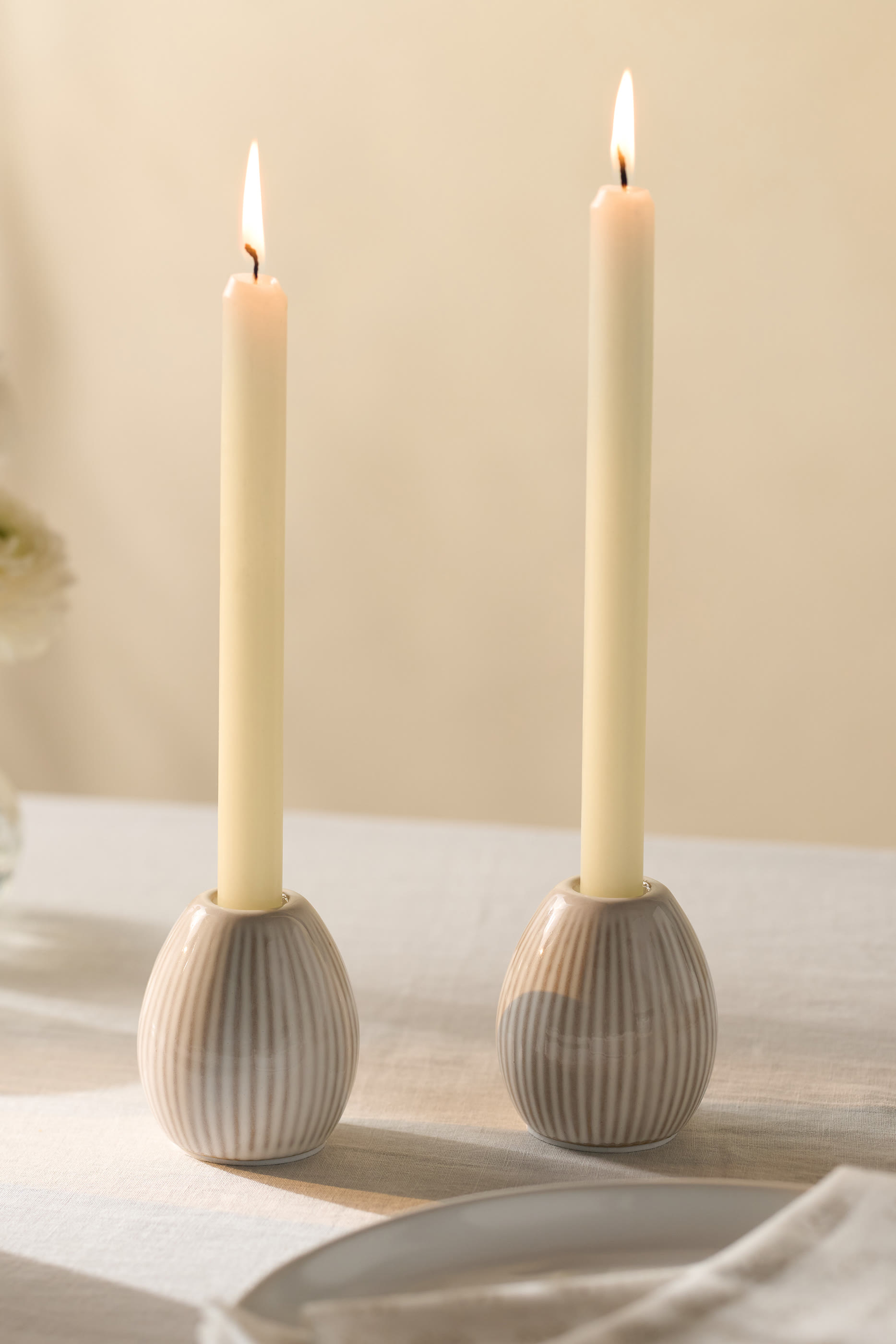 Ceramic Ribbed Dinner Candle Holder - Set of 2