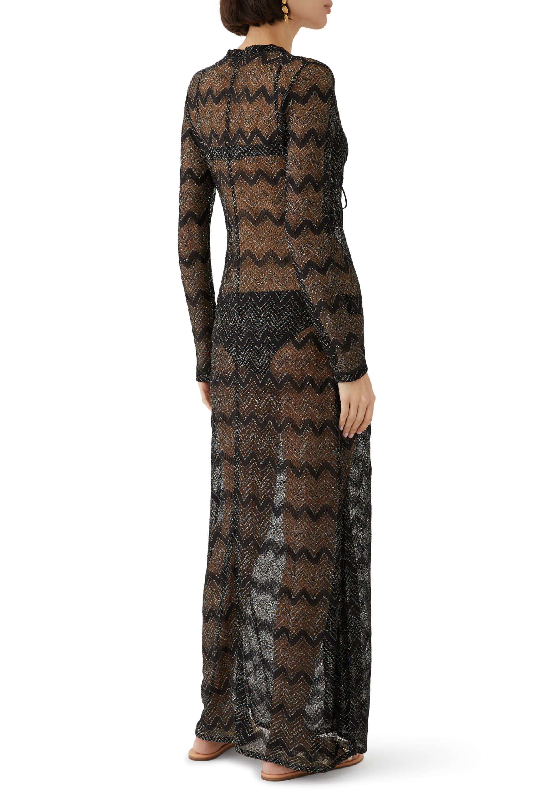 Mare Chevron Lace Raschel Long Sleeve Maxi Coverup