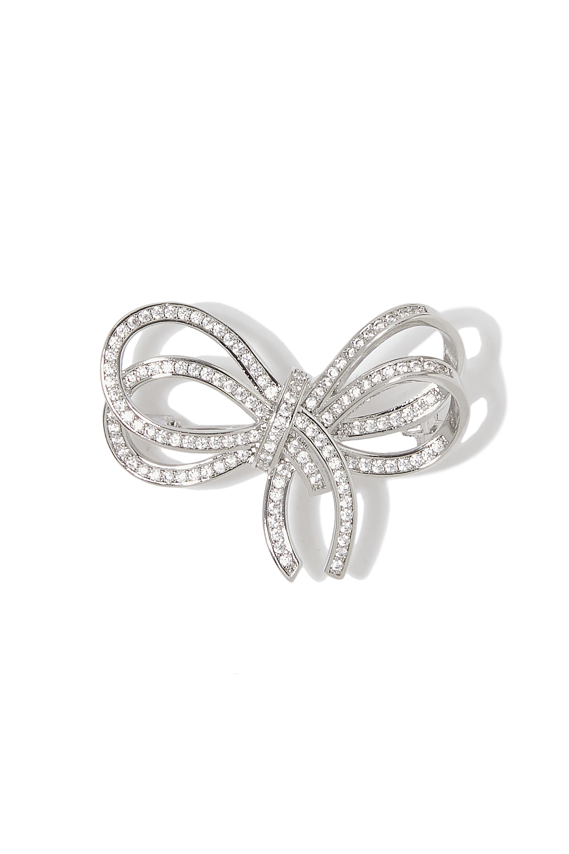 Pave CZ Double Bow Brooch, Rhodium-Plated Brass & Cubic Zirconia