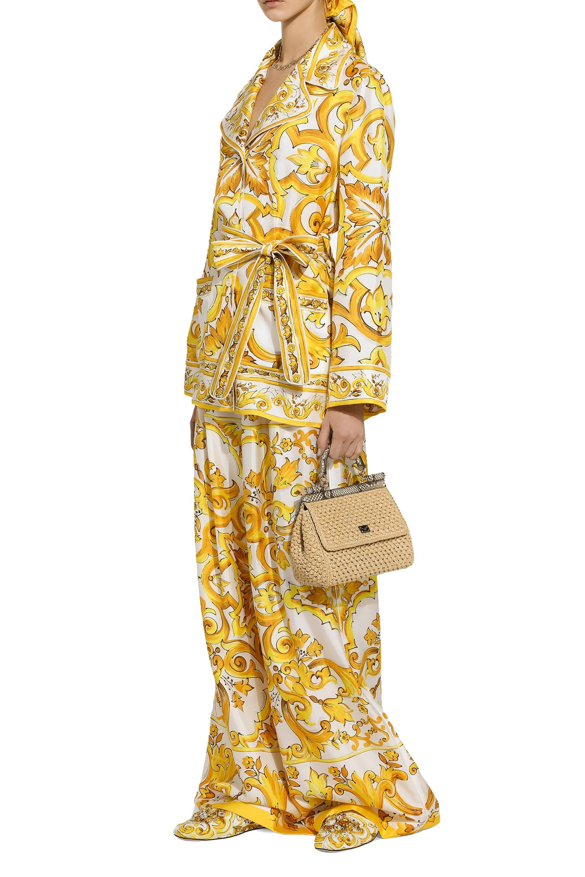 Majolica-Print Silk Twill Pants