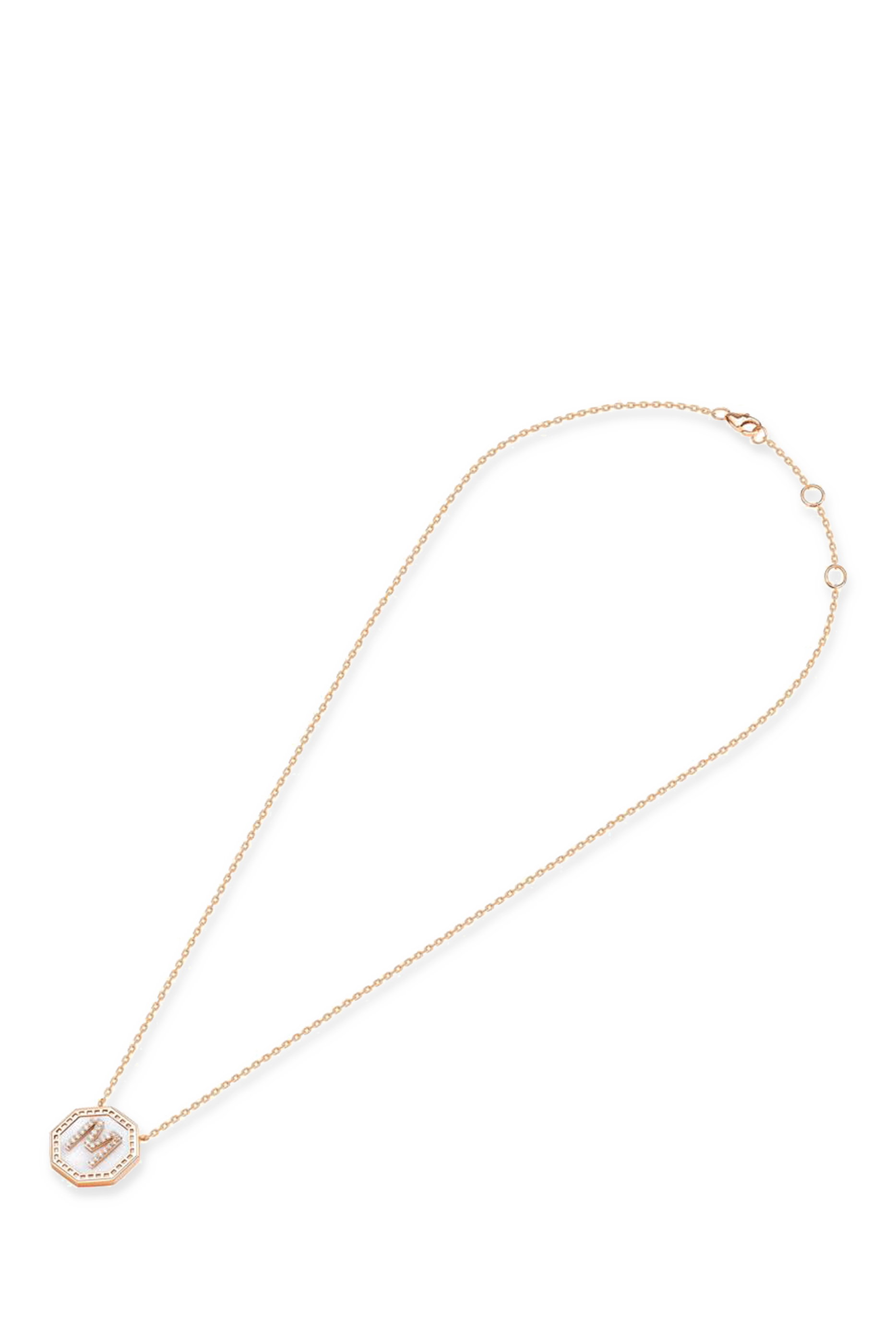 Harf Turath Letter M Pendant Necklace, 18k Rose Gold, Diamonds & Mother of Pearl