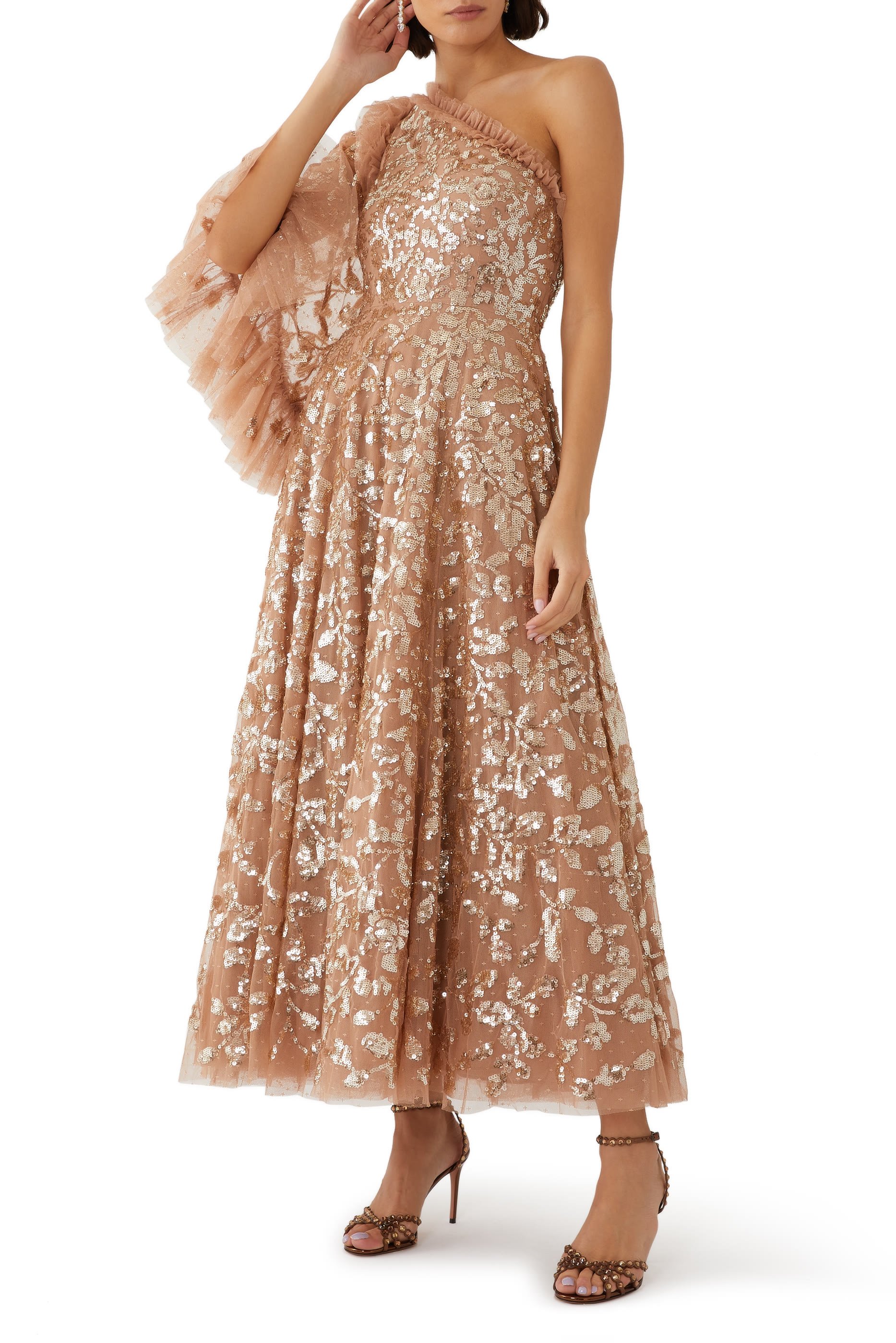 Falling Leaves One-Shoulder Ankle Gown