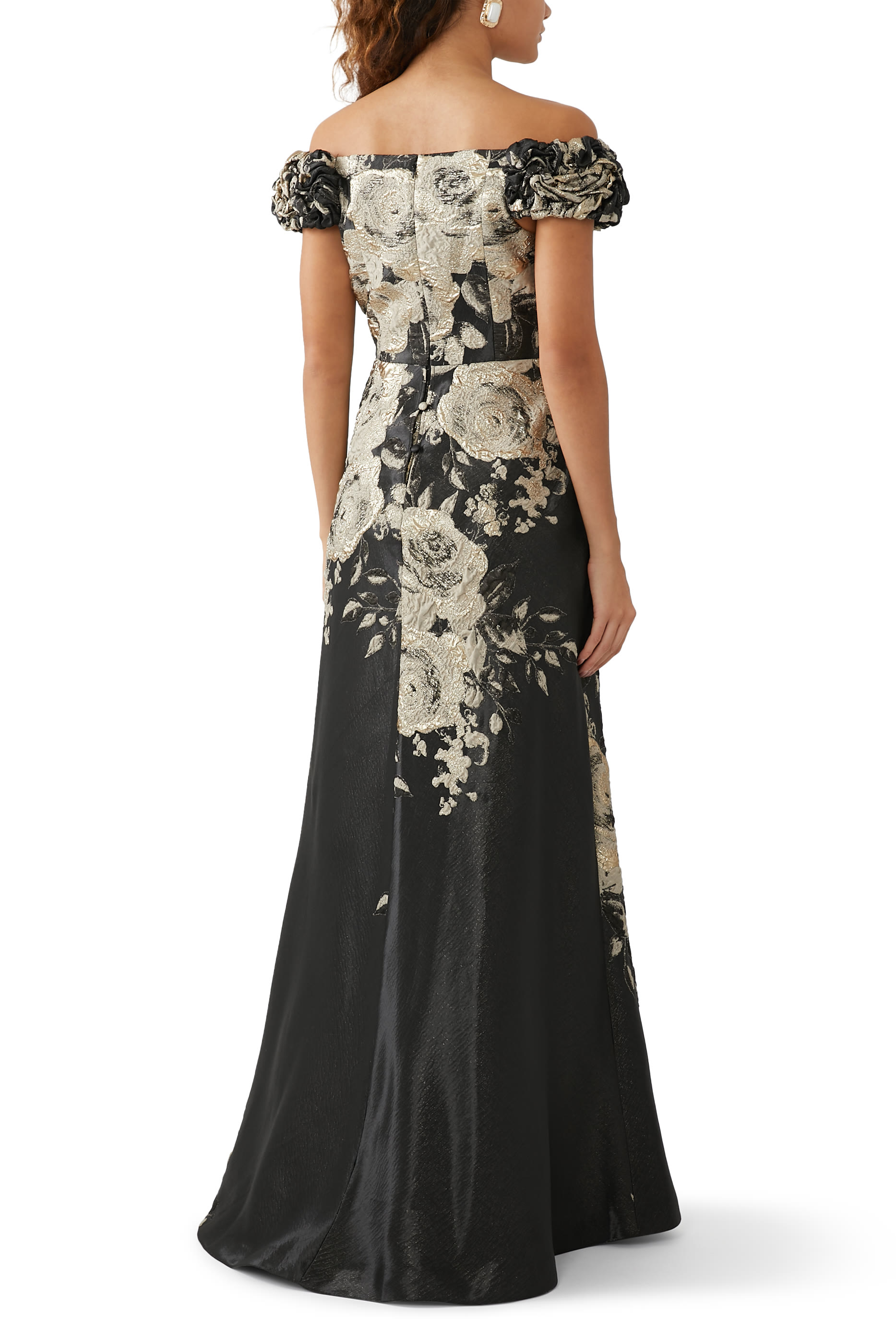 Formal Metallic Jacquard Floral Evening Gown