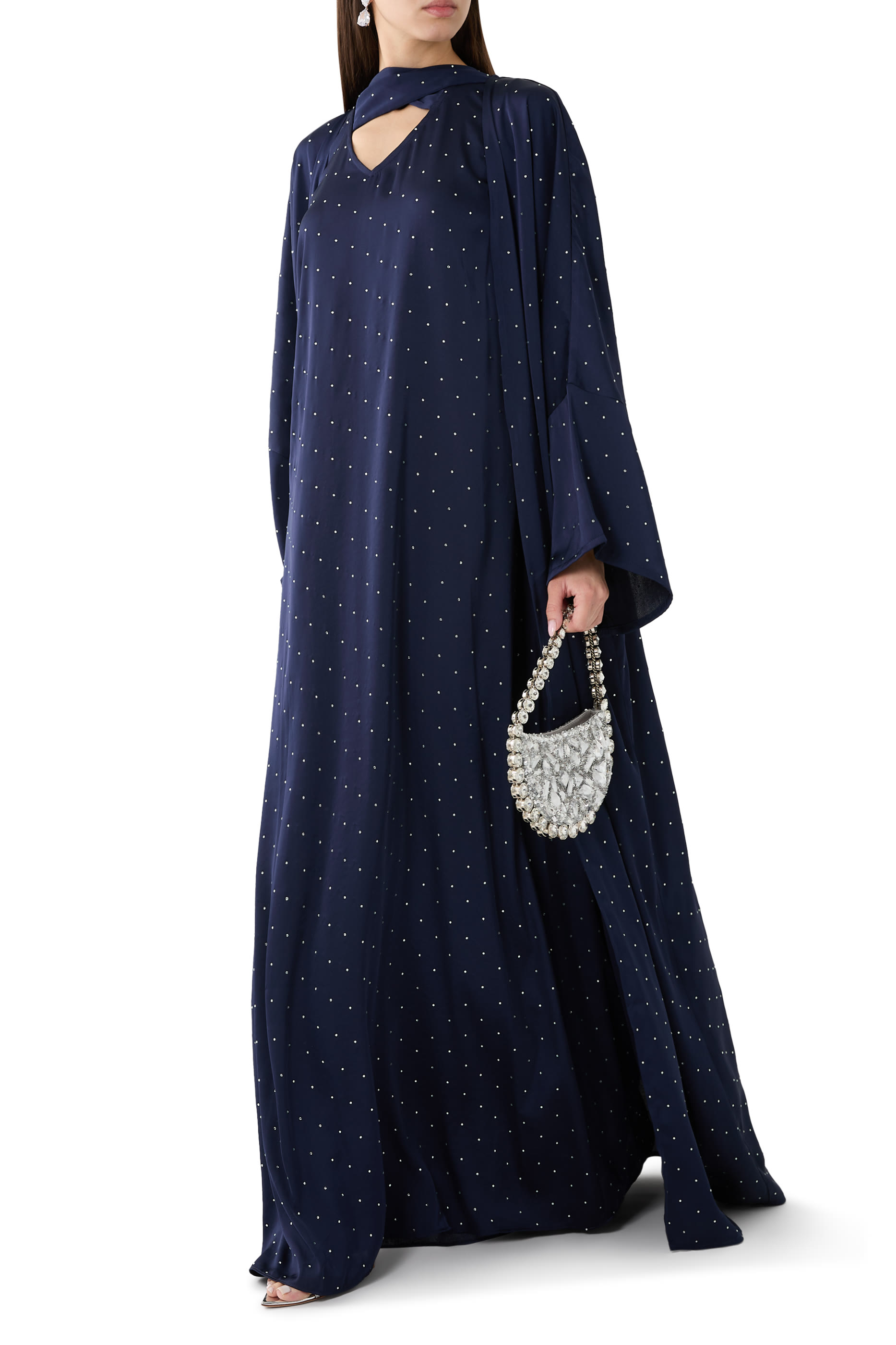 Studded Satin Bisht/Abaya with Neck Tie