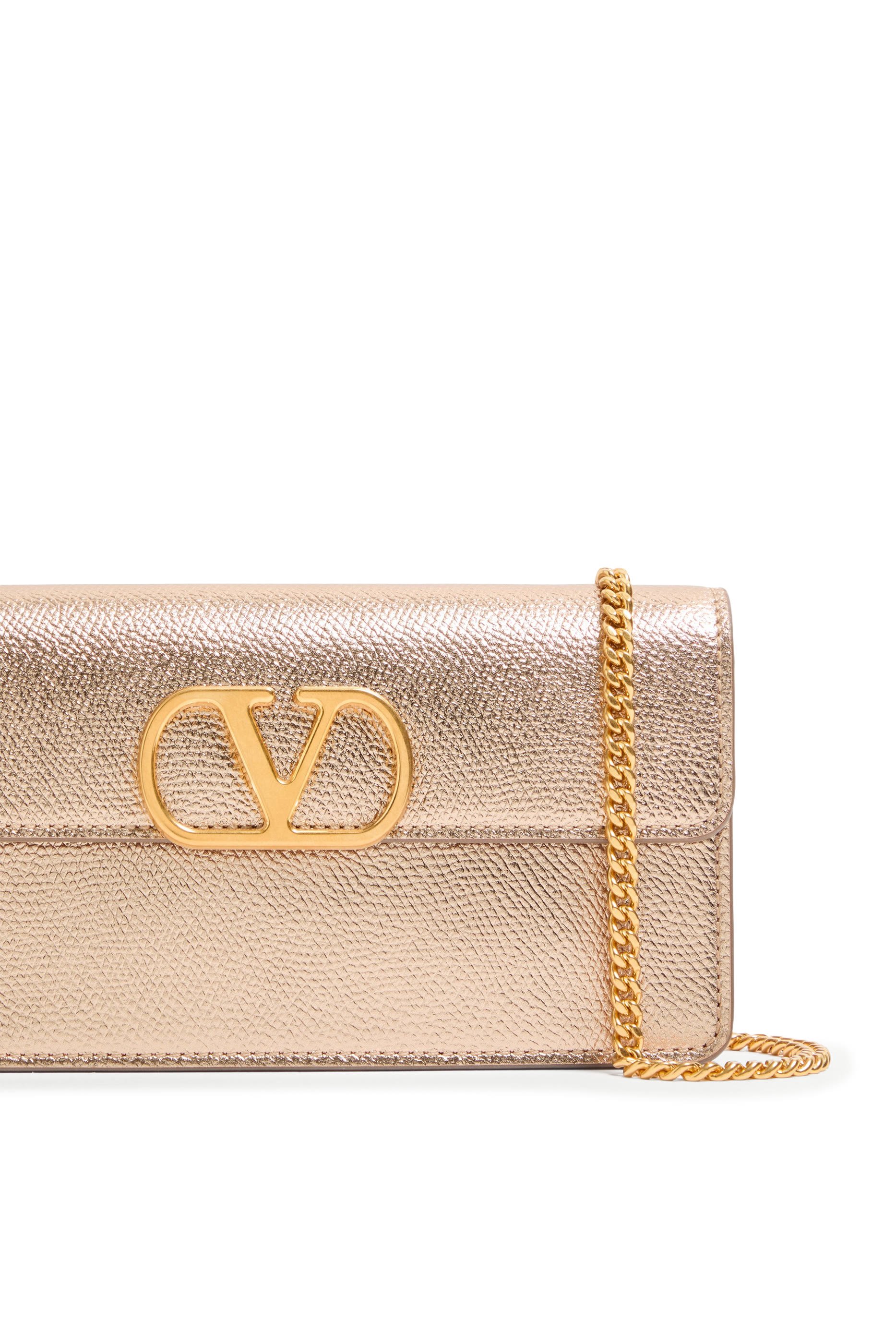 Vlogo Signature Metallic Grainy Calfskin Wallet With Chain