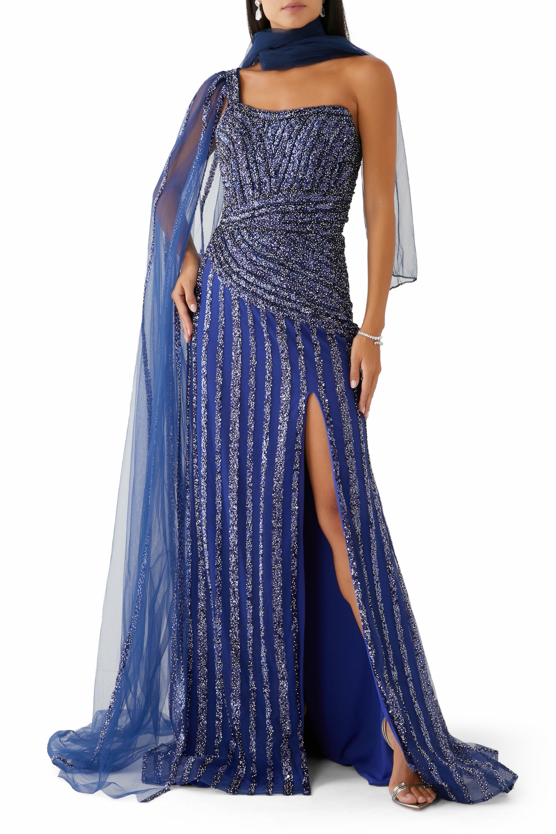 One Shoulder Gown with Tulle Cape