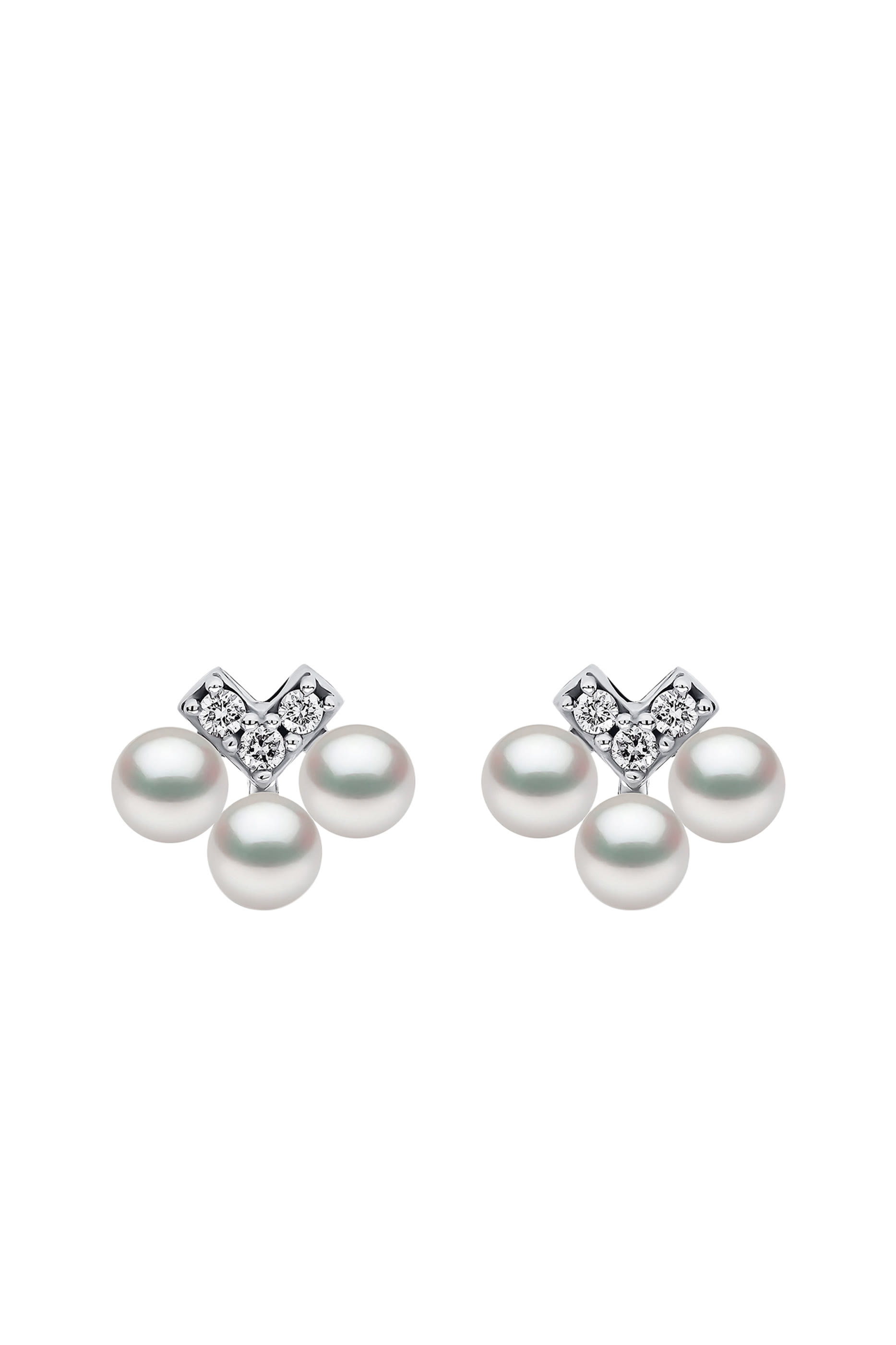 Sleek V-Shape Earrings, 18k White Gold with Akoya Pearls & Diamonds