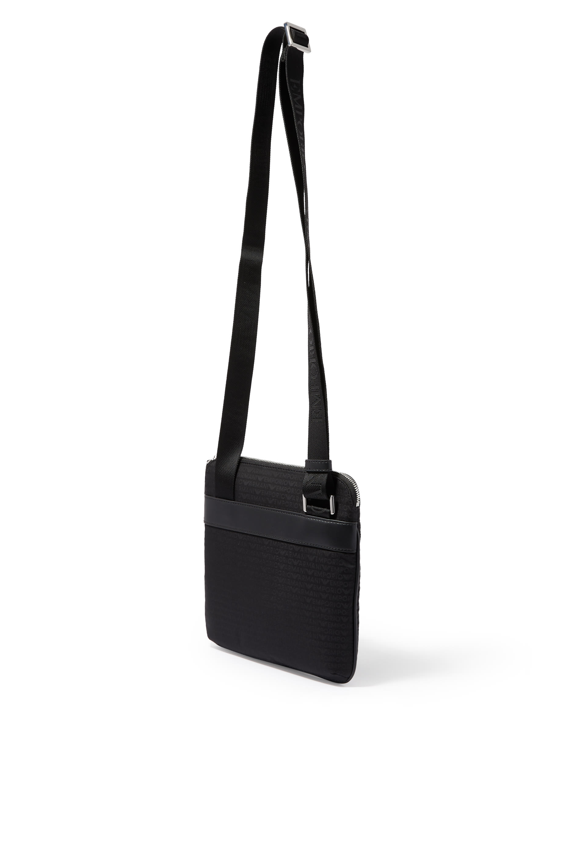 Flat Shoulder Bag in Nylon with All-Over Jacquard Logo Lettering