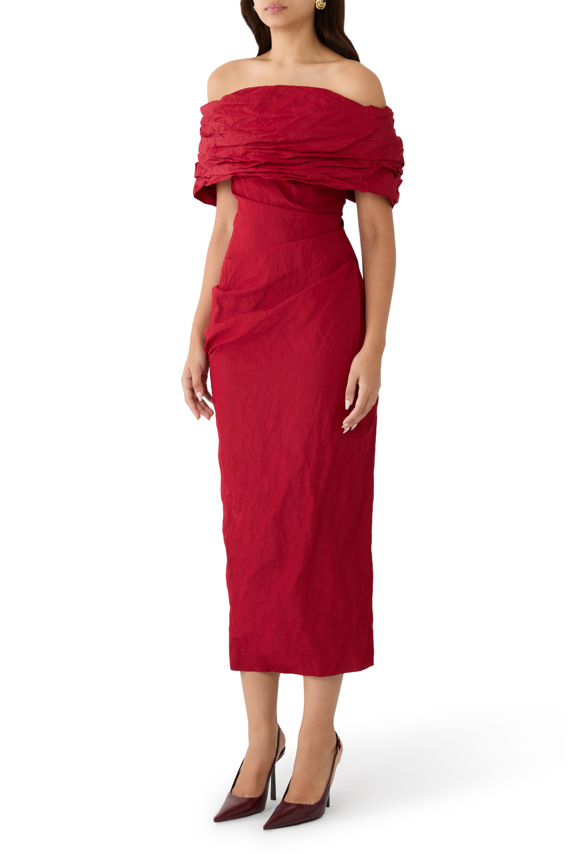 Off-Shoulder Draped Midi Dress