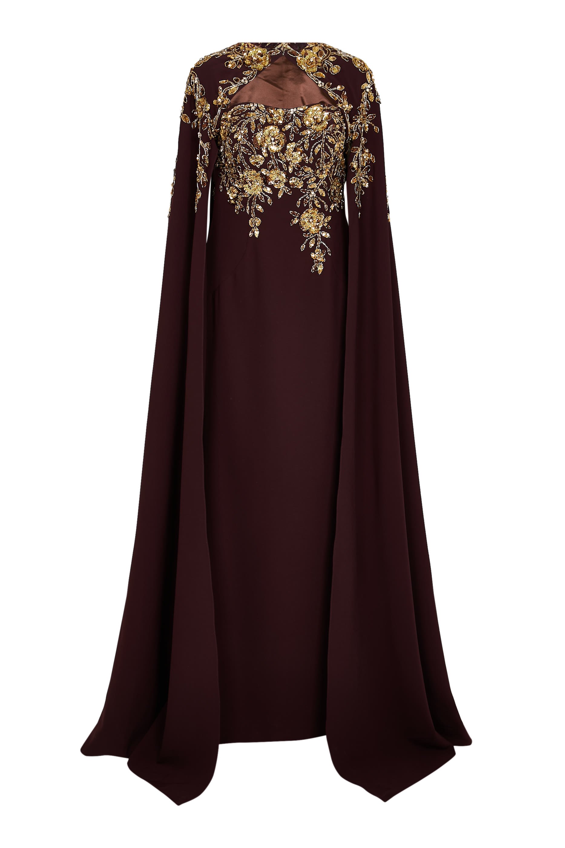 Embroidered Column Gown with Cape Sleeves