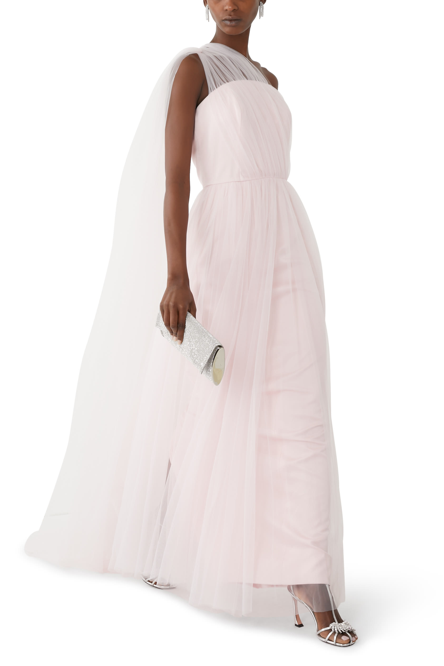 Asymmetrical Tulle Draped Gown with Side Train