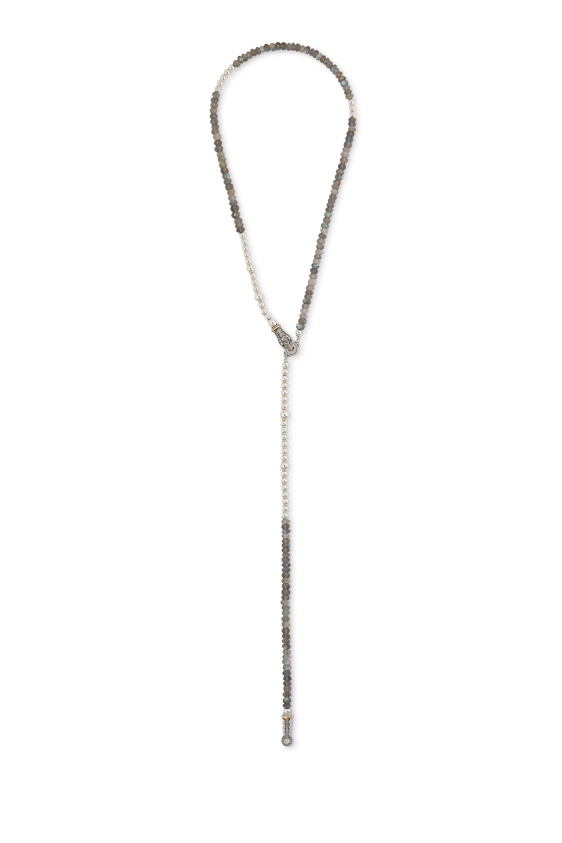 Beaded Snake Necklace, 18K Yellow Gold, Sterling Silver, Green Onyx, Labradorite & Diamonds