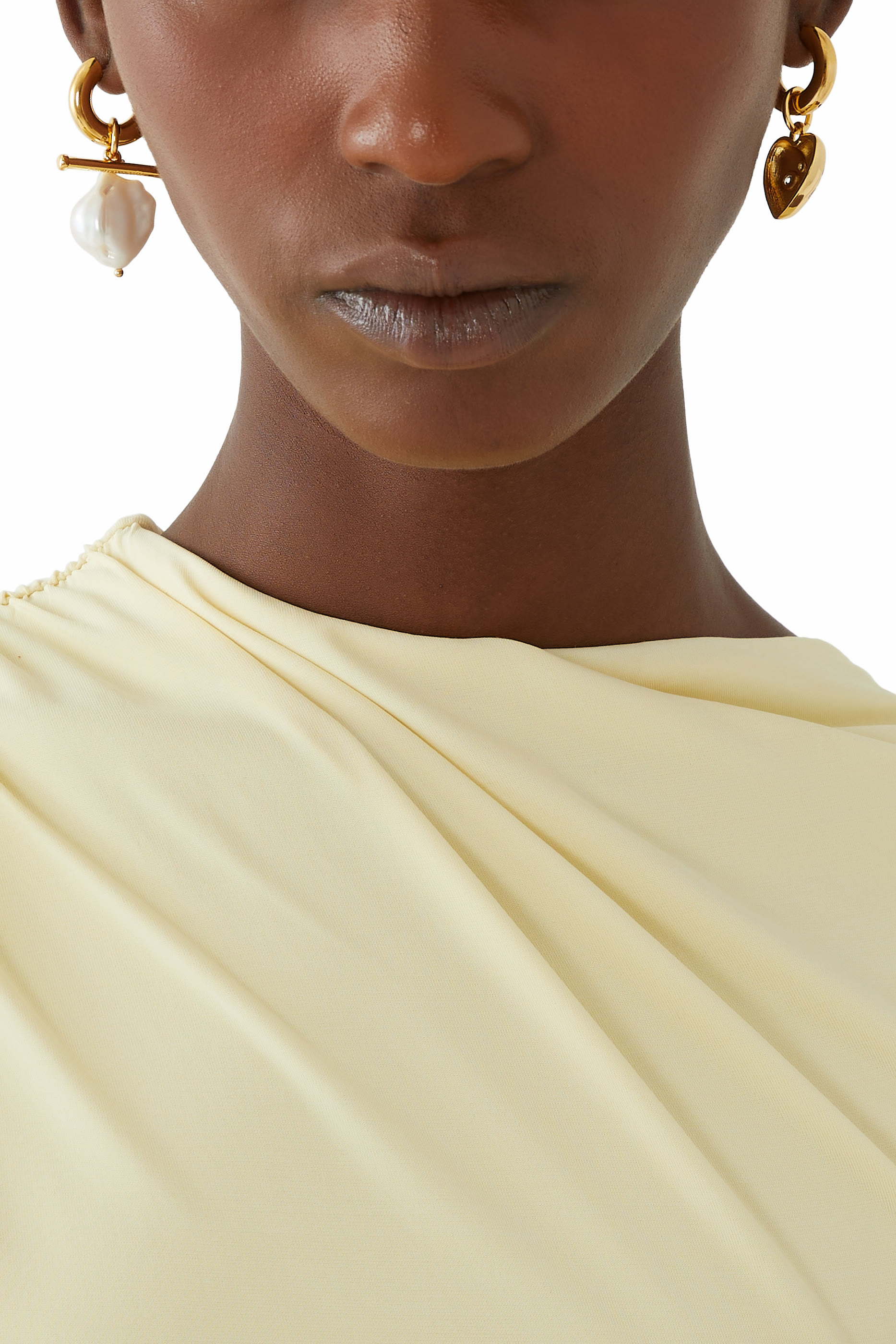 Heart and Pearl Earrings,  24k Gold-Plated Brass with Pearl & Crystals