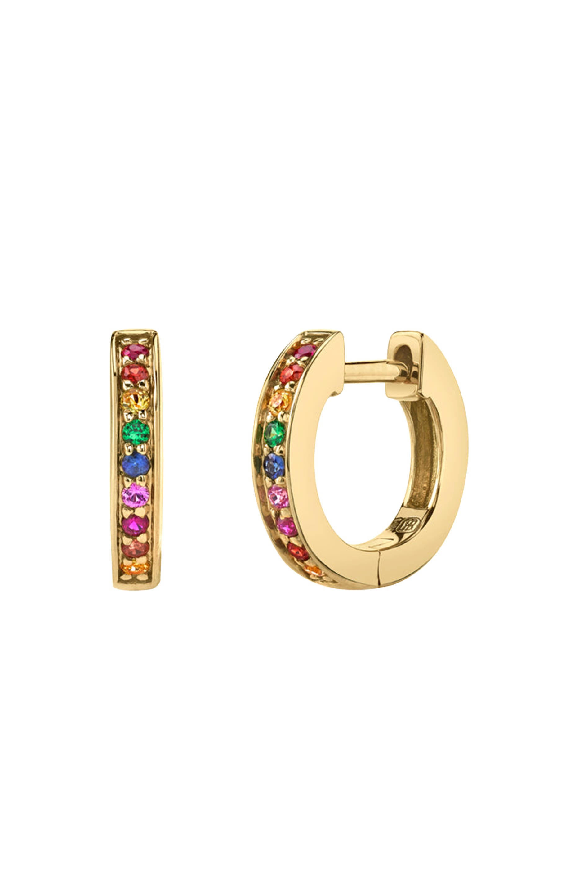 Kids Bar Huggie Hoop Earrings, 14k Yellow Gold & Rubies, Emerald, Sapphire