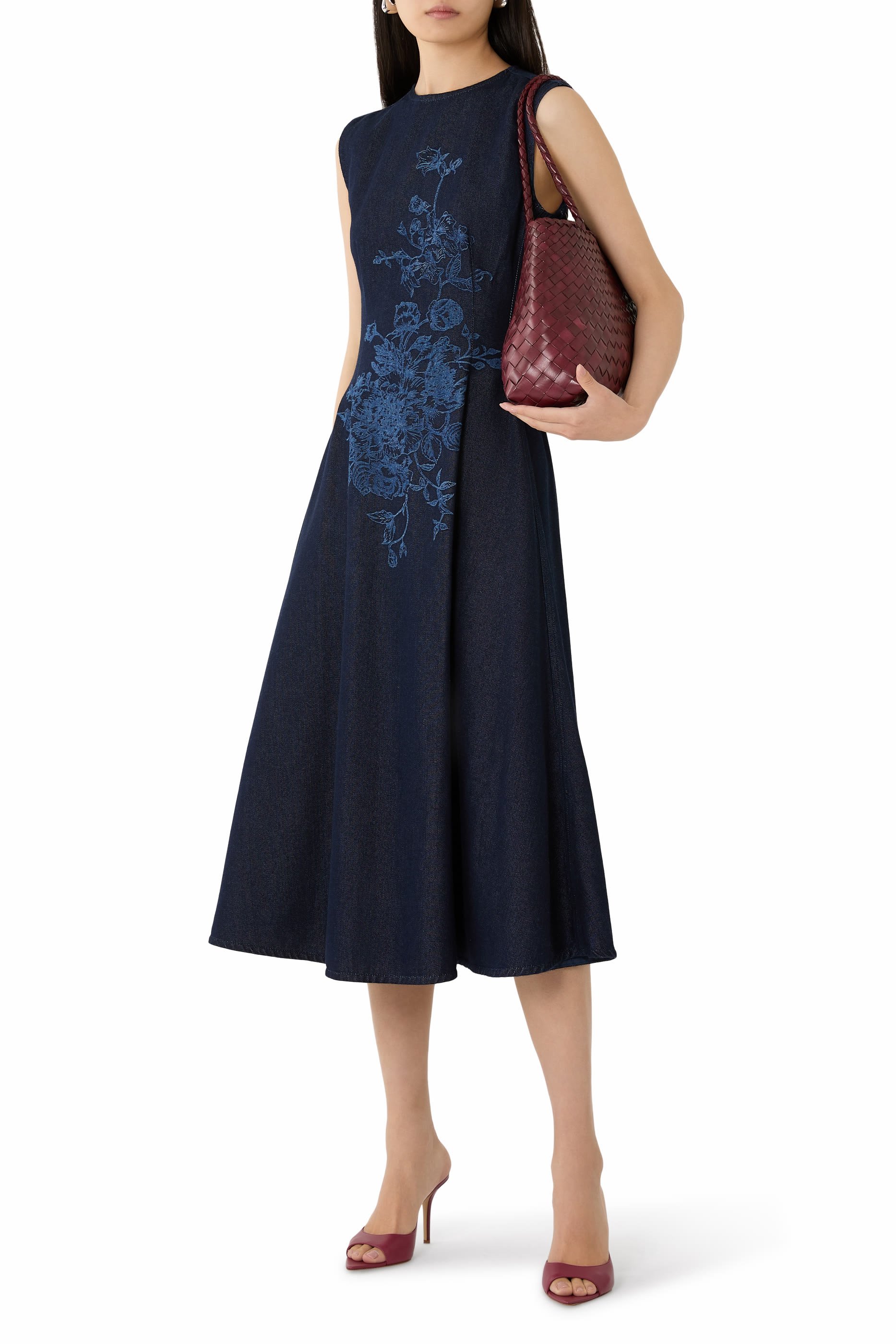 Flower Motif Denim Sleeveless Midi Dress