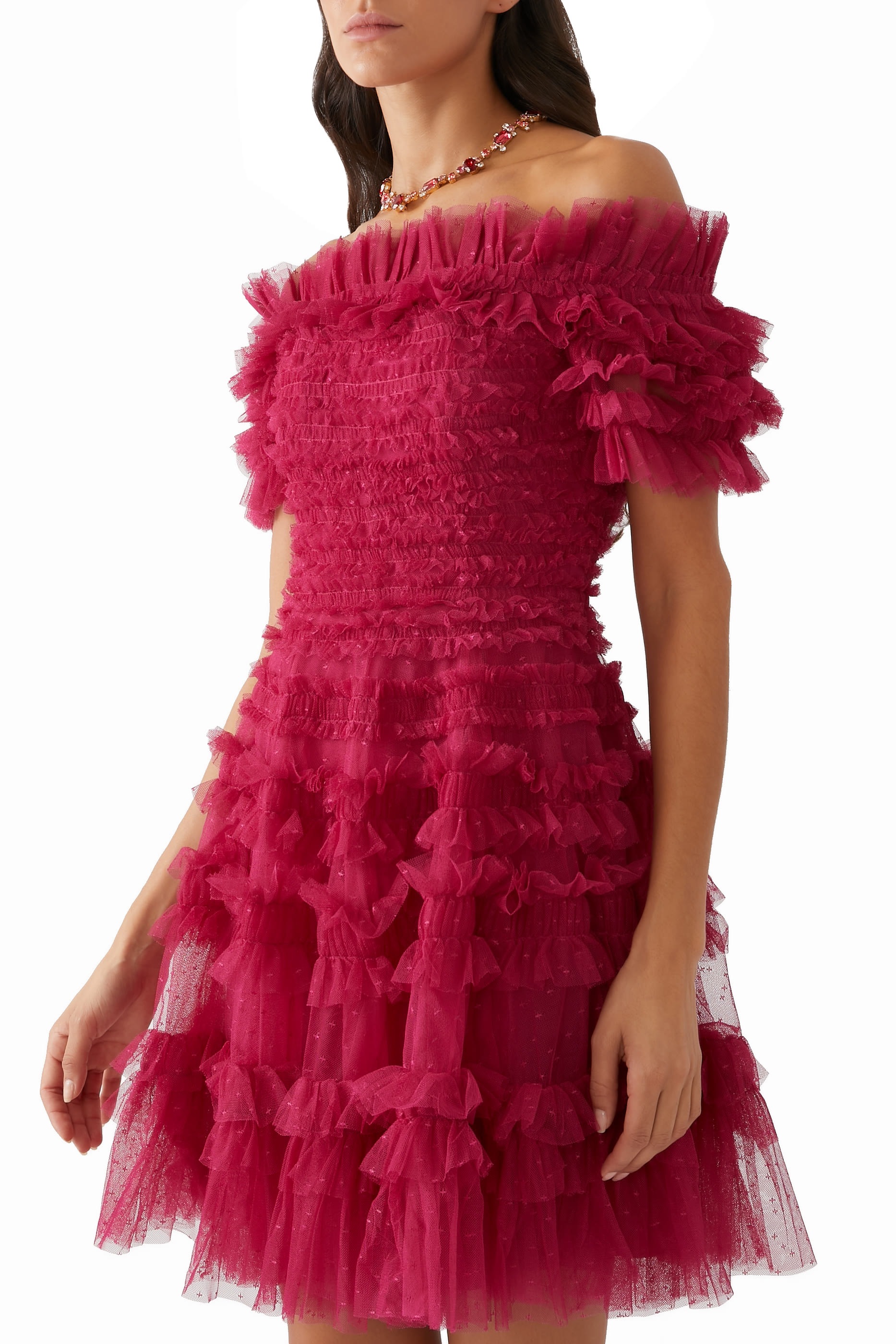 Lisette Ruffle Off-Shoulder Micro Mini Dress