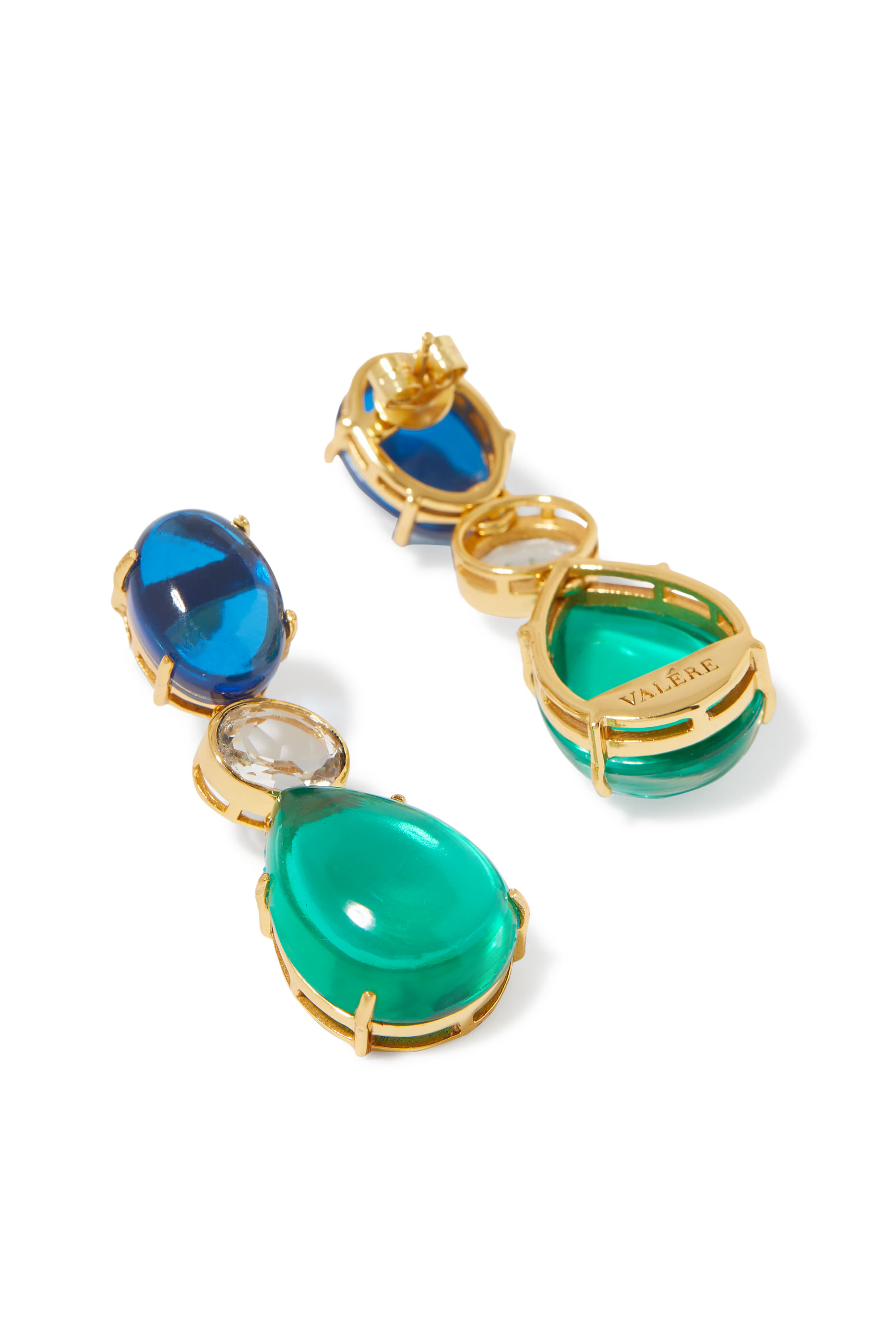 Dawn Earrings, 22k Gold Plated Brass with Blue Sapphire,Green Emerald & Clear Quartz Stones