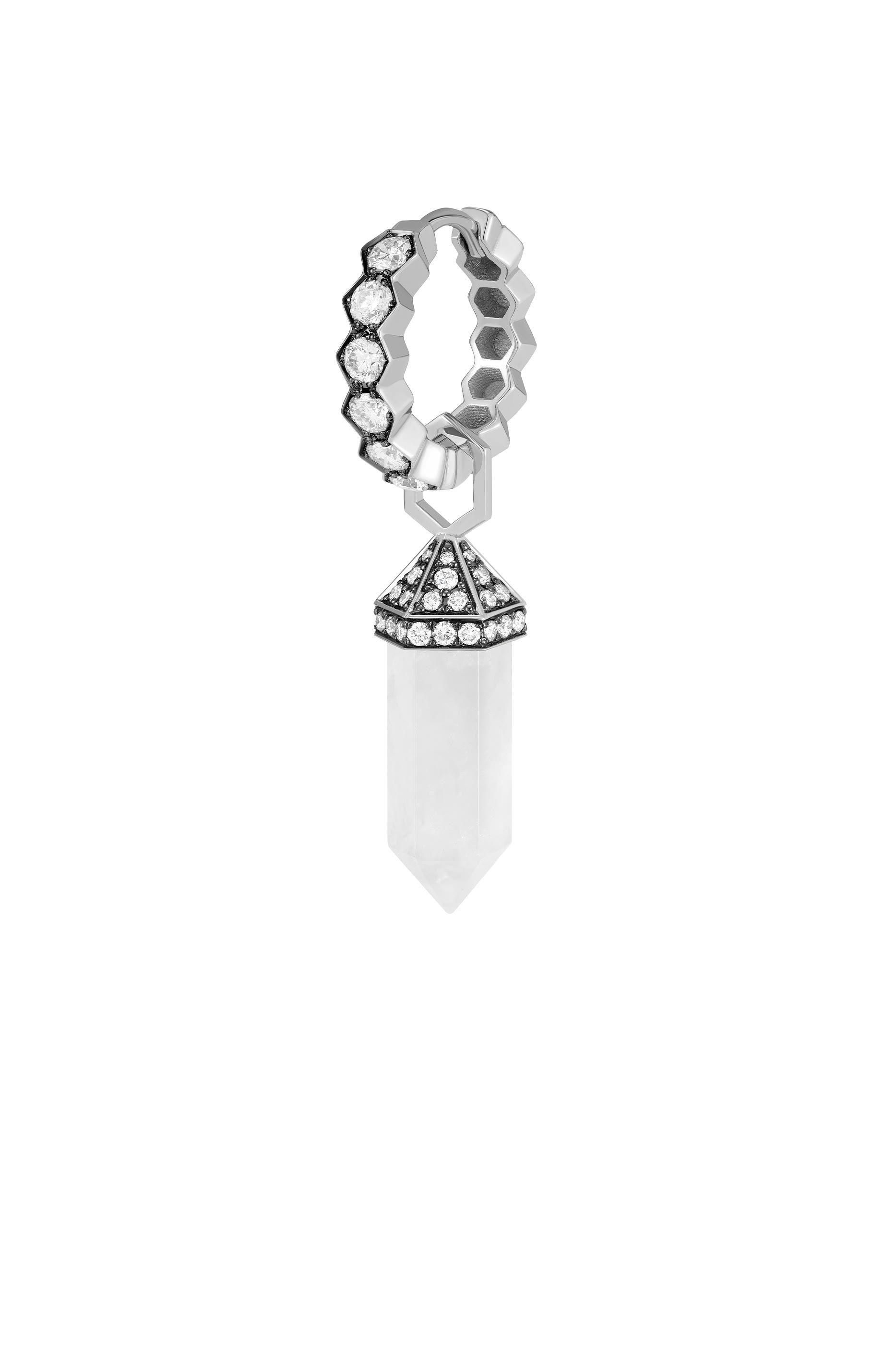 Chakra Small Single Earring, 18k White Gold with Milky Quartz & Diamonds