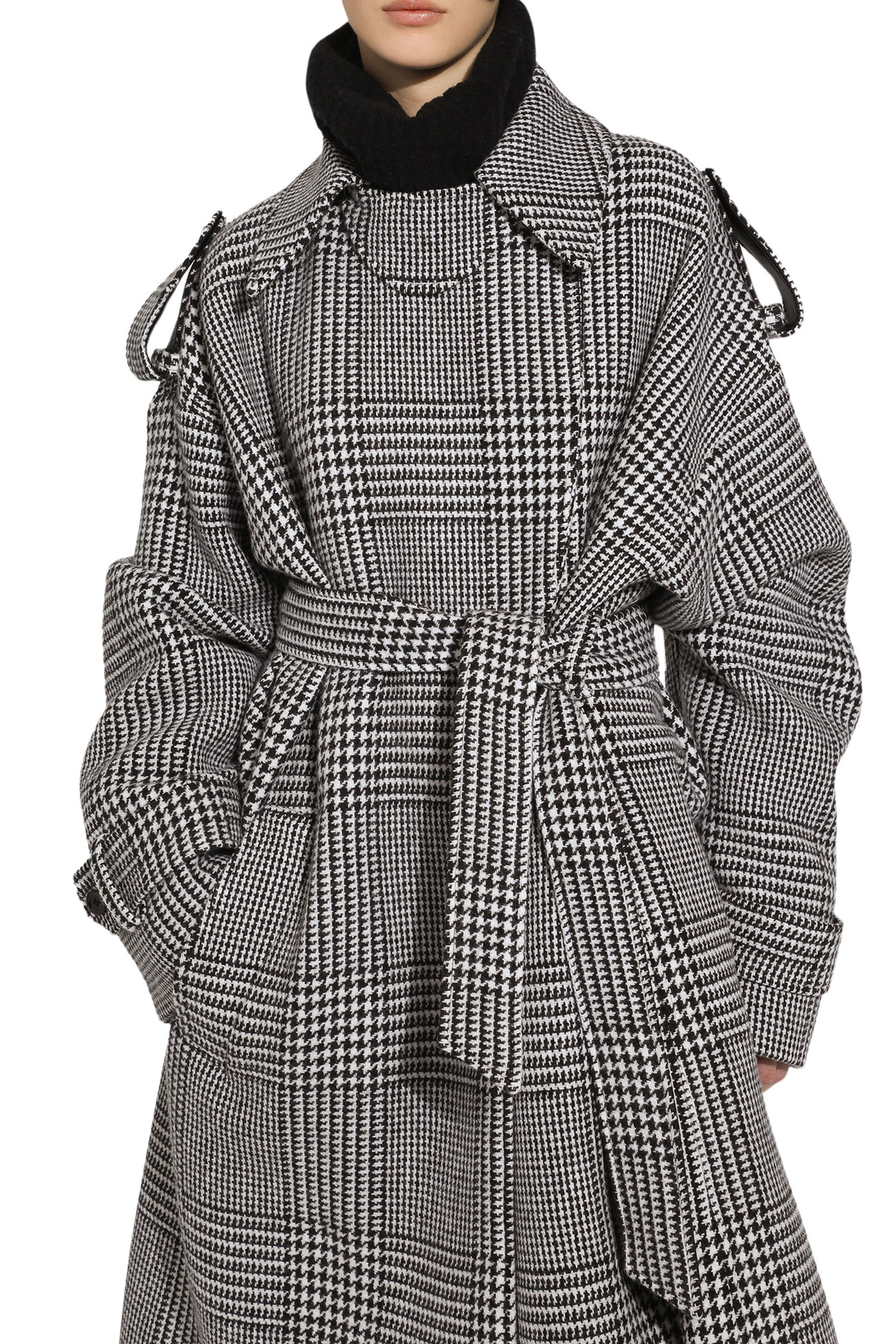 Houndstooth Check Wool Trench Coat