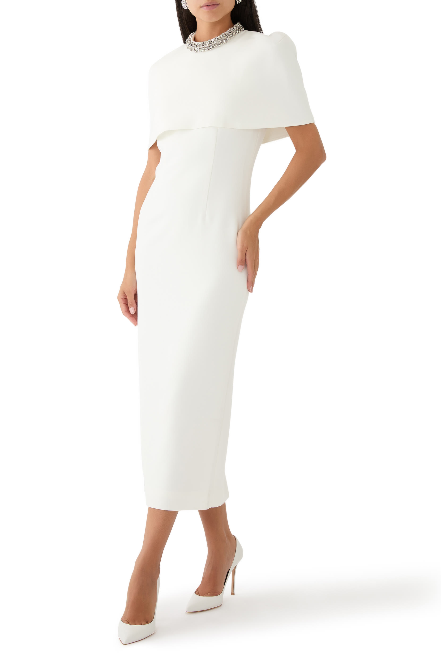 Cape Embellished Crepe Midi Dress
