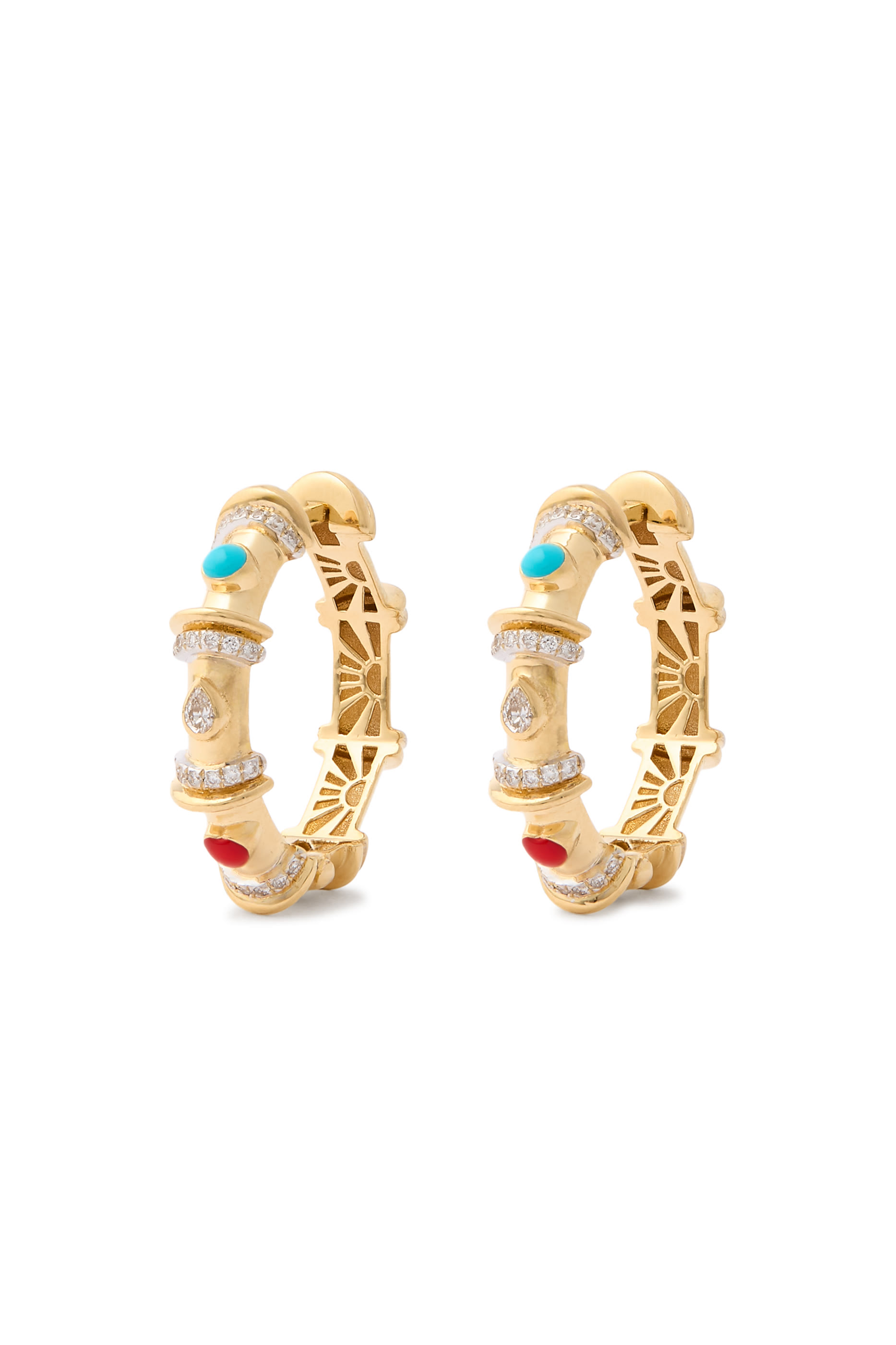 Milky Multicharm Hoops, 18K Yellow Gold, Diamonds, Red Coral & Turquoise
