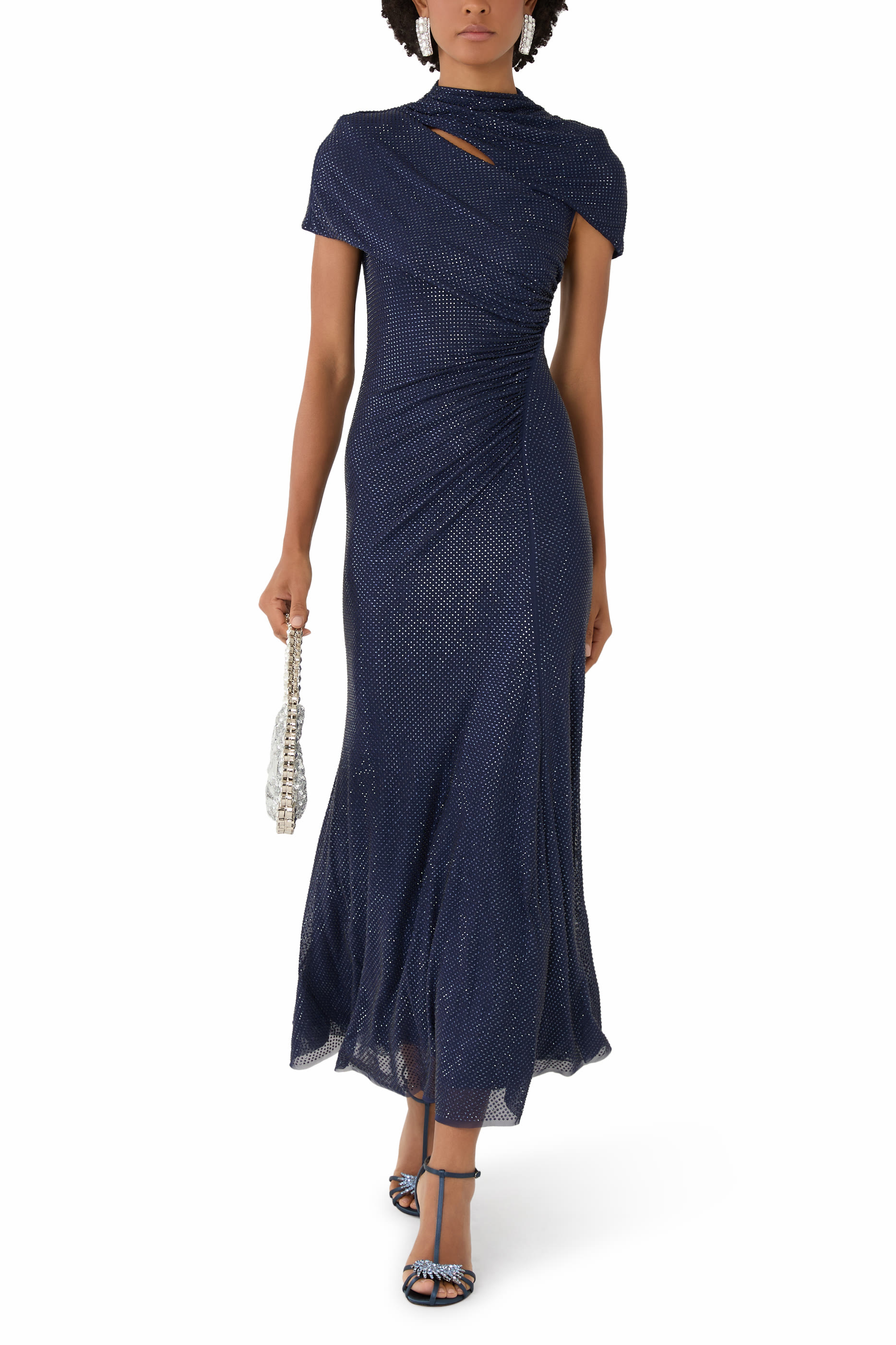 Rhinestone Mesh Cut Out Midi Dress