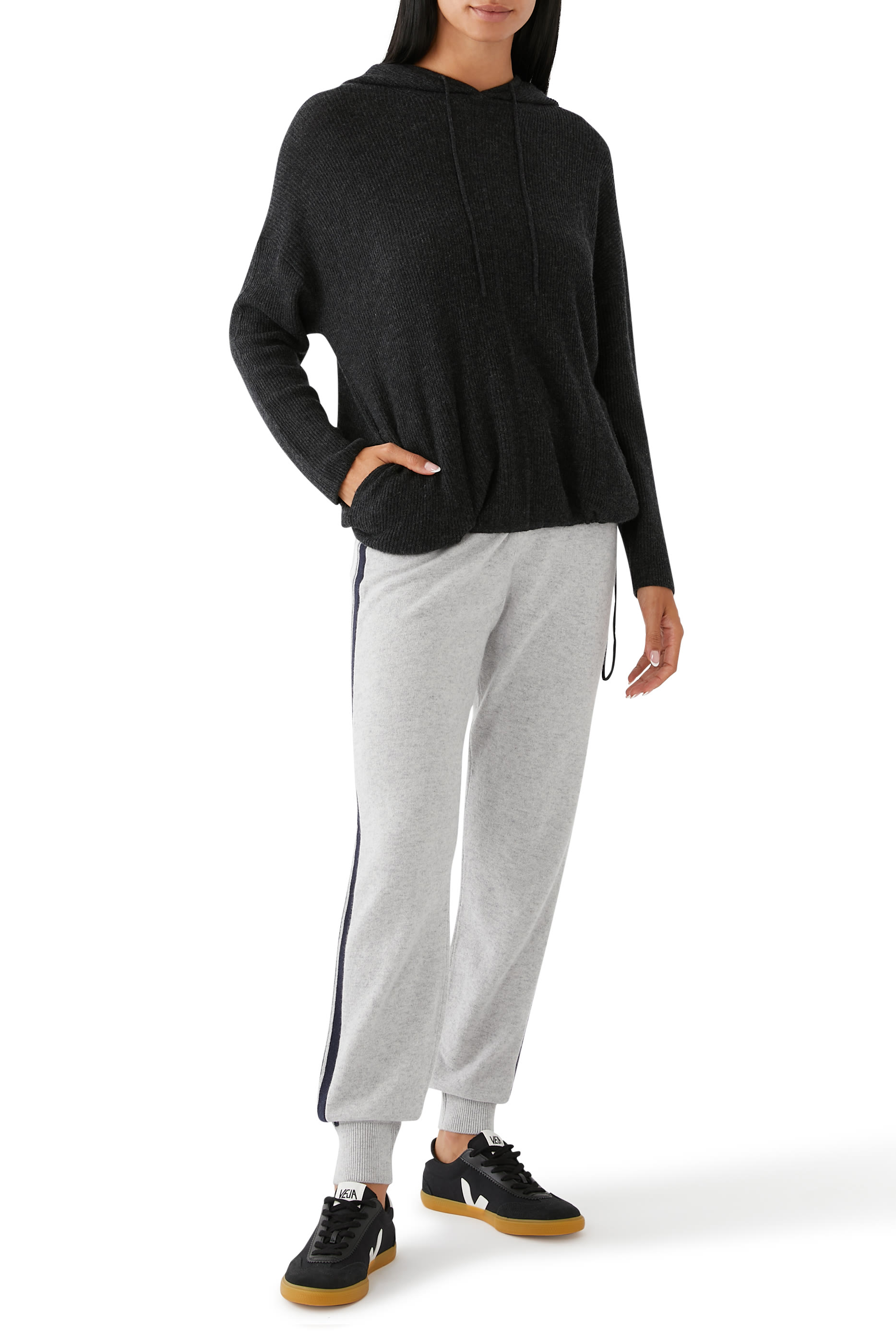 Cashmere Ribbed Drawstring Hem Hoodie