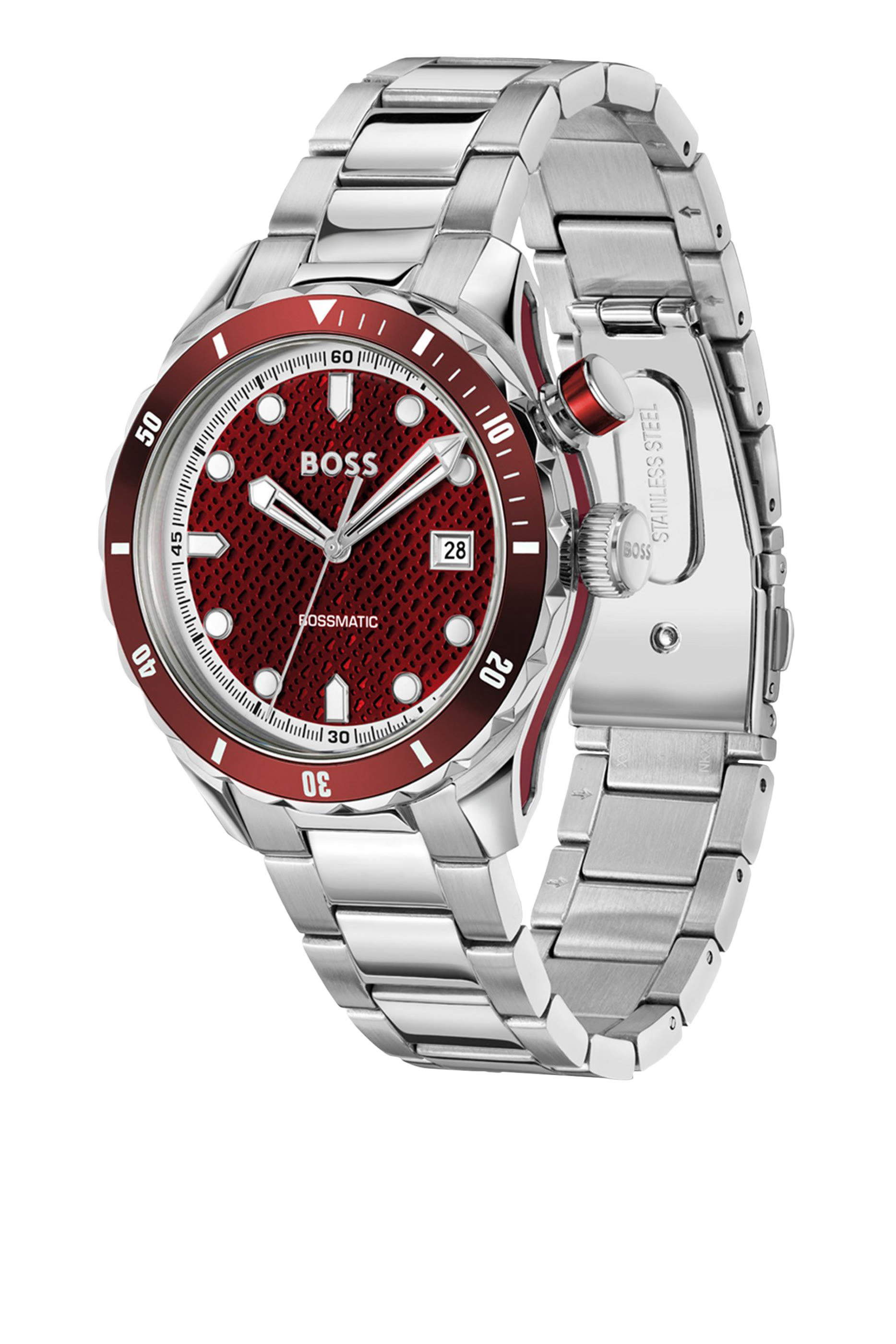 Silver-tone Automatic Watch with Red Monogram-Textured Dial