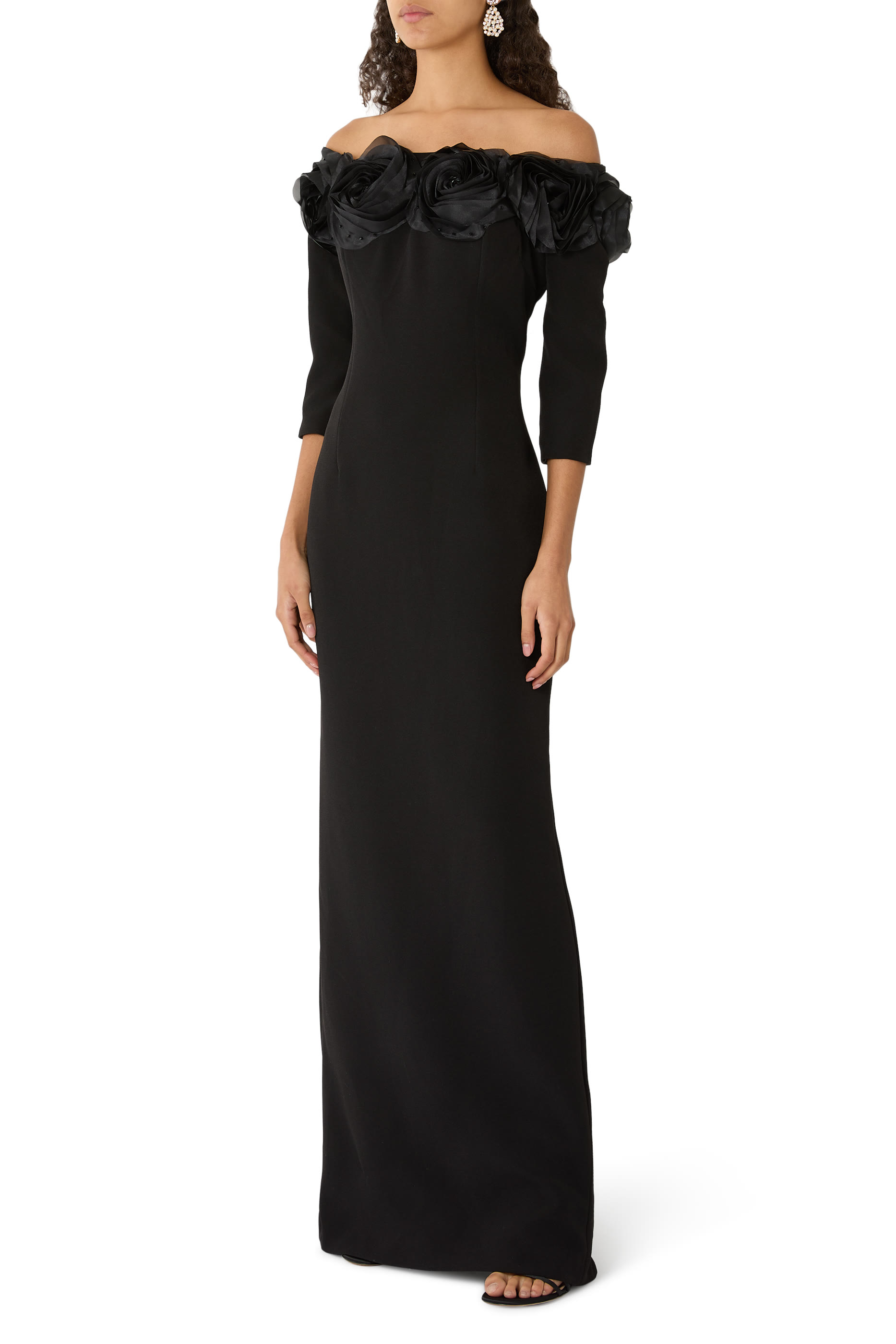  Crepe 3D Flower Off-the-Shoulder Gown