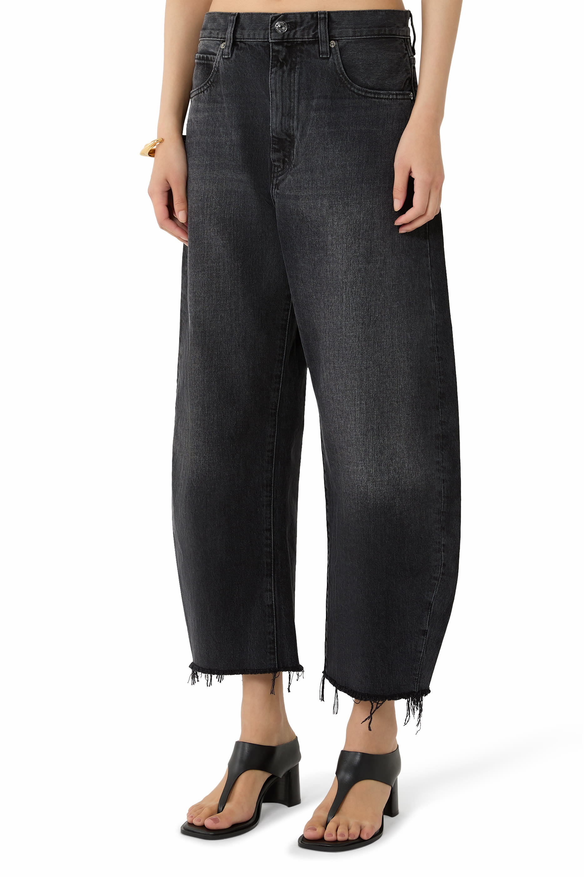 The Bubble Crop Frayed High-Rise Barrel-Leg Jeans