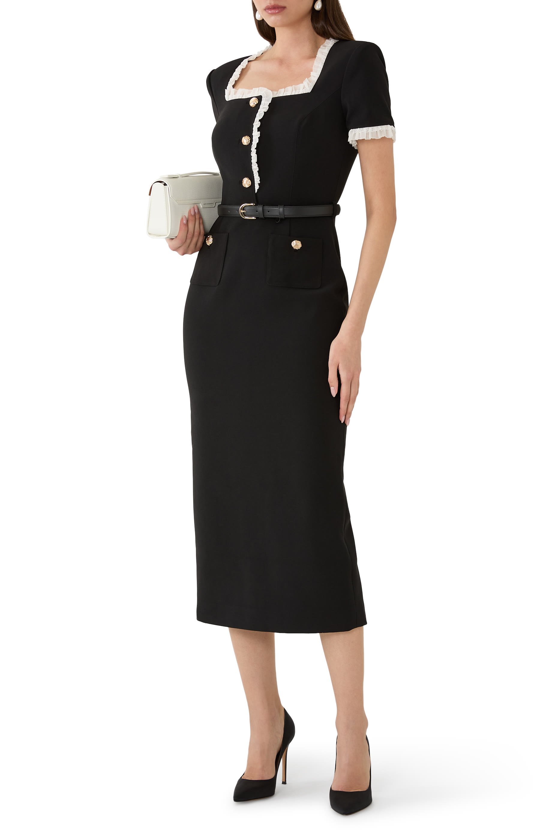 Crepe Contrast Frill Midi Dress