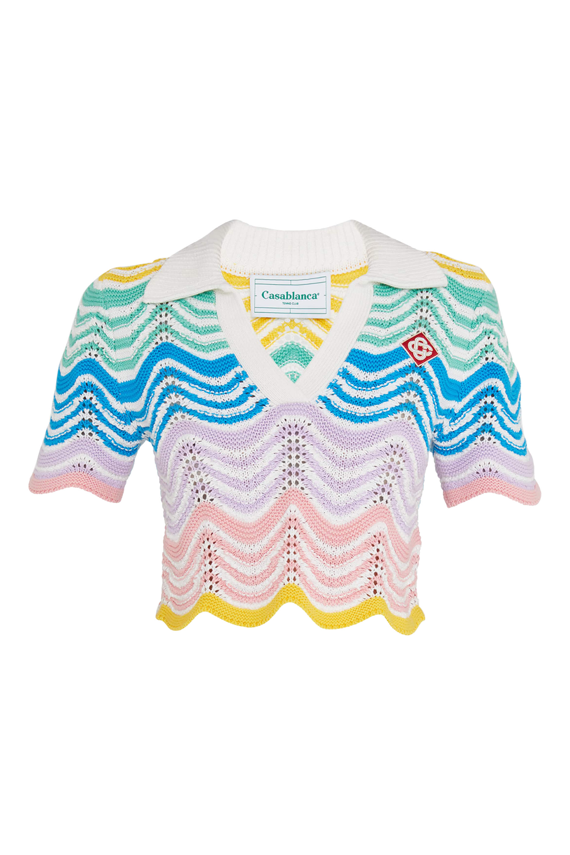 Wave Crochet Short-Sleeve Crop Polo Top