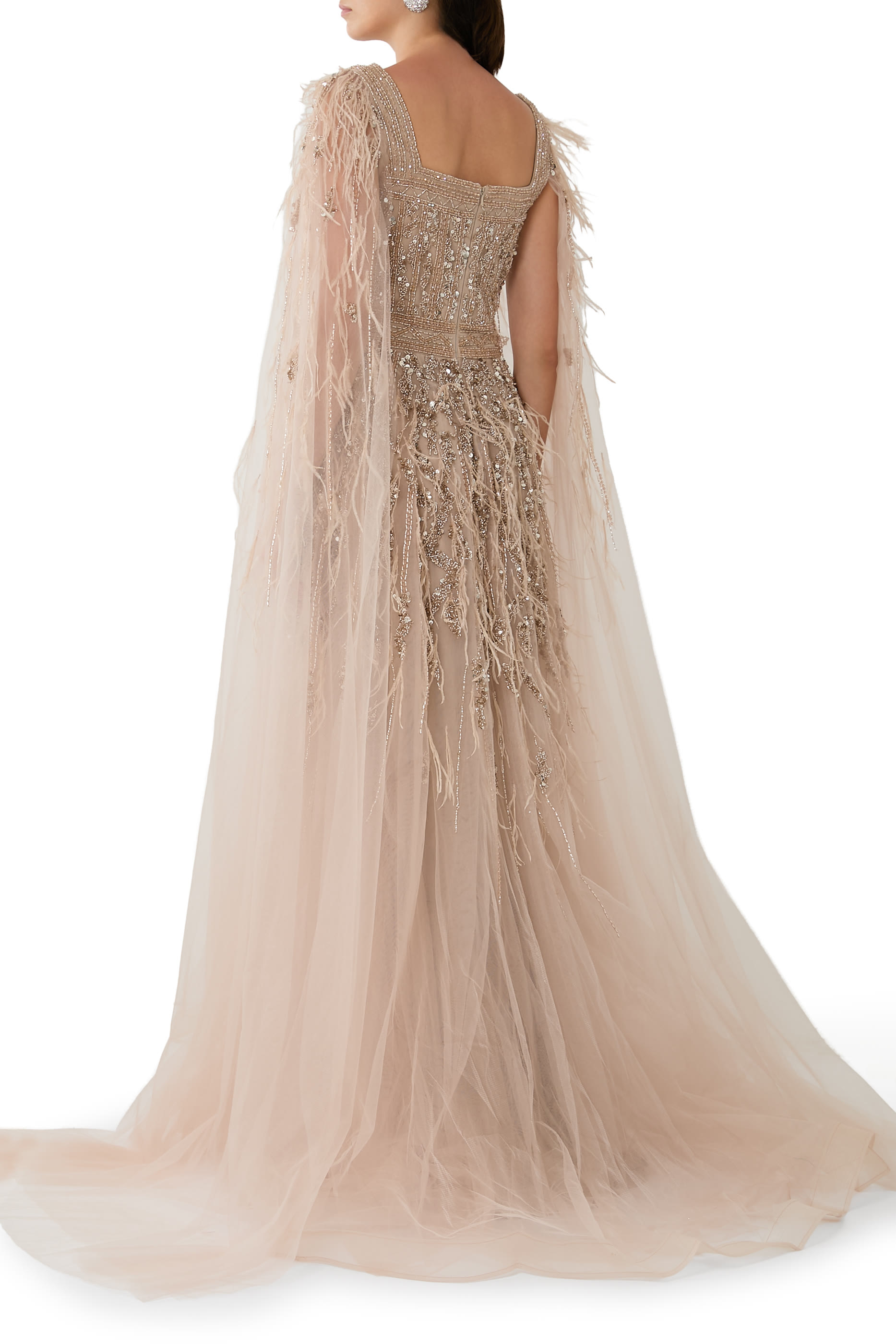 Feathered Cape Sleeves Gown