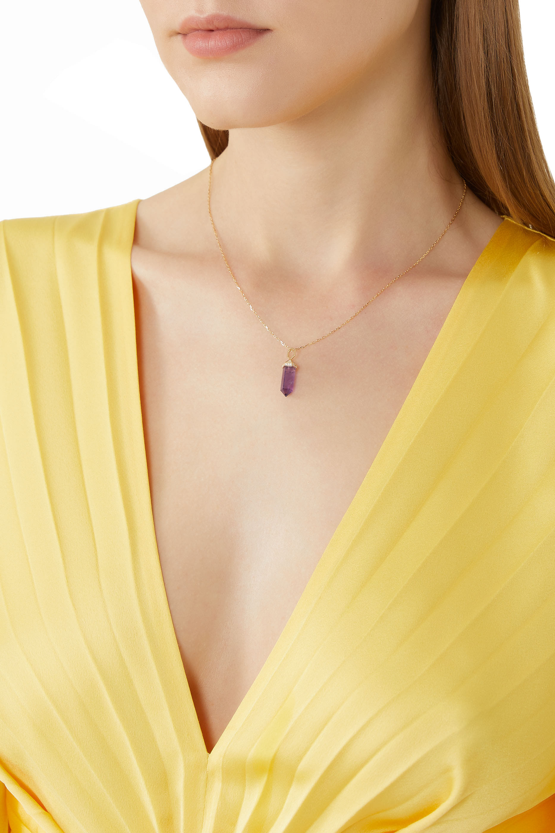 Small Vertical Chakra Necklace, 18k Yellow Gold with Diamonds & Amethyst