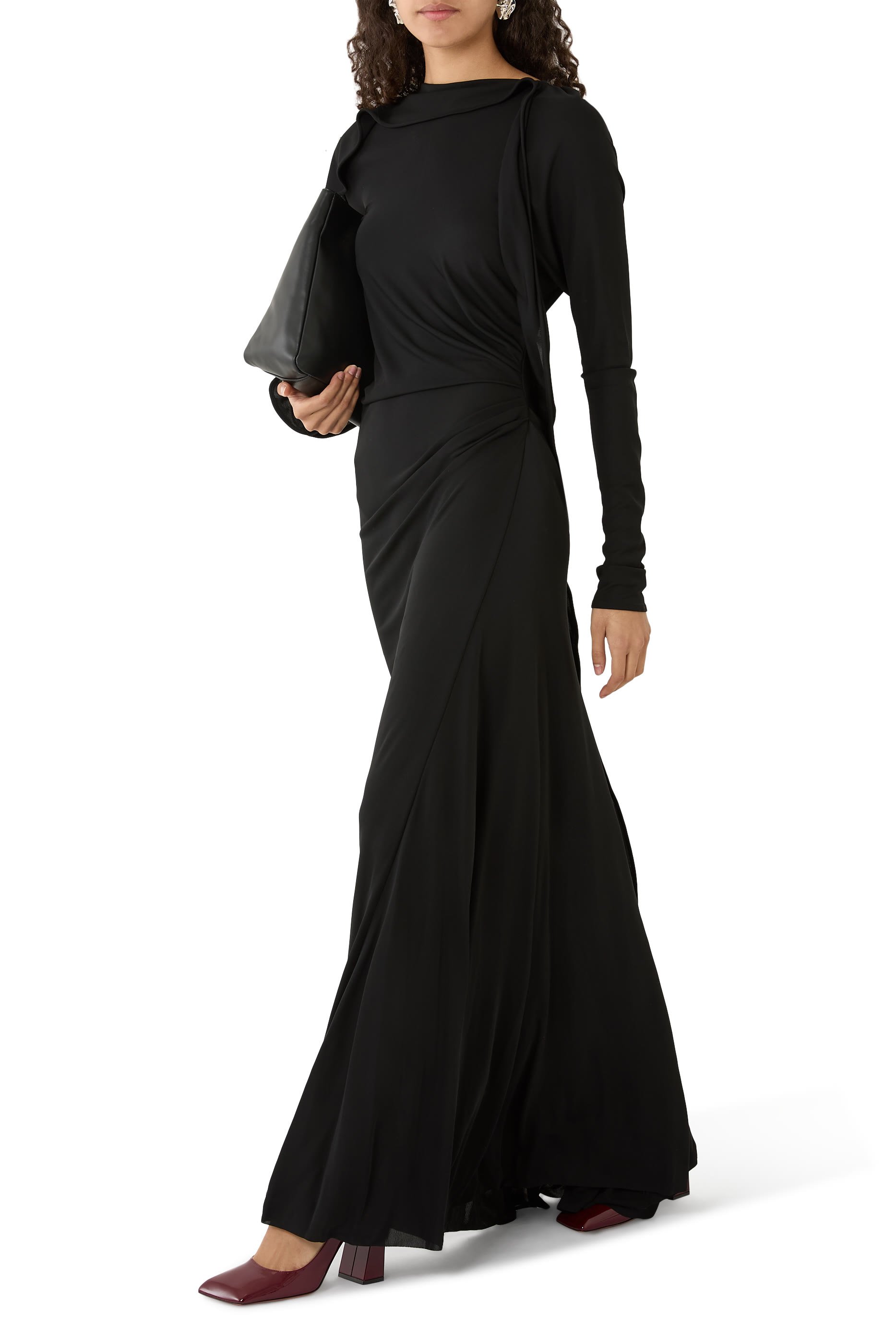  Long Sleeve Draped Jersey Gown 