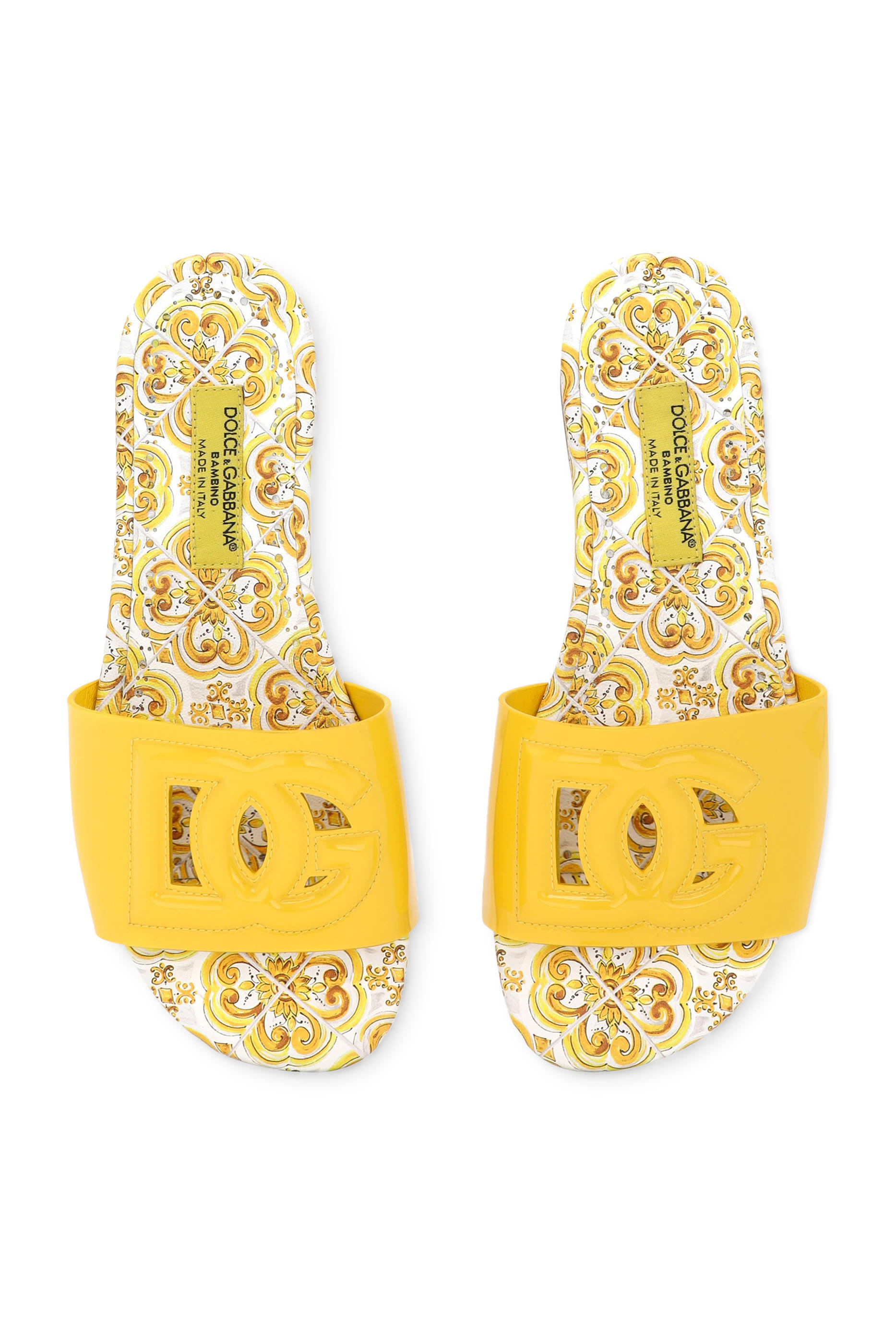 Kids Yellow Majolica Print and Cut-Out DG Detail Patent Leather Slides