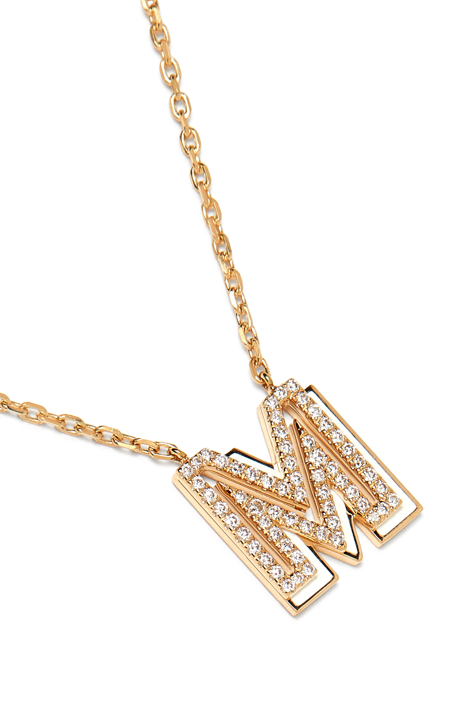 Letter M Silhouette Necklace, 18k Yellow Gold with Diamonds & Enamel