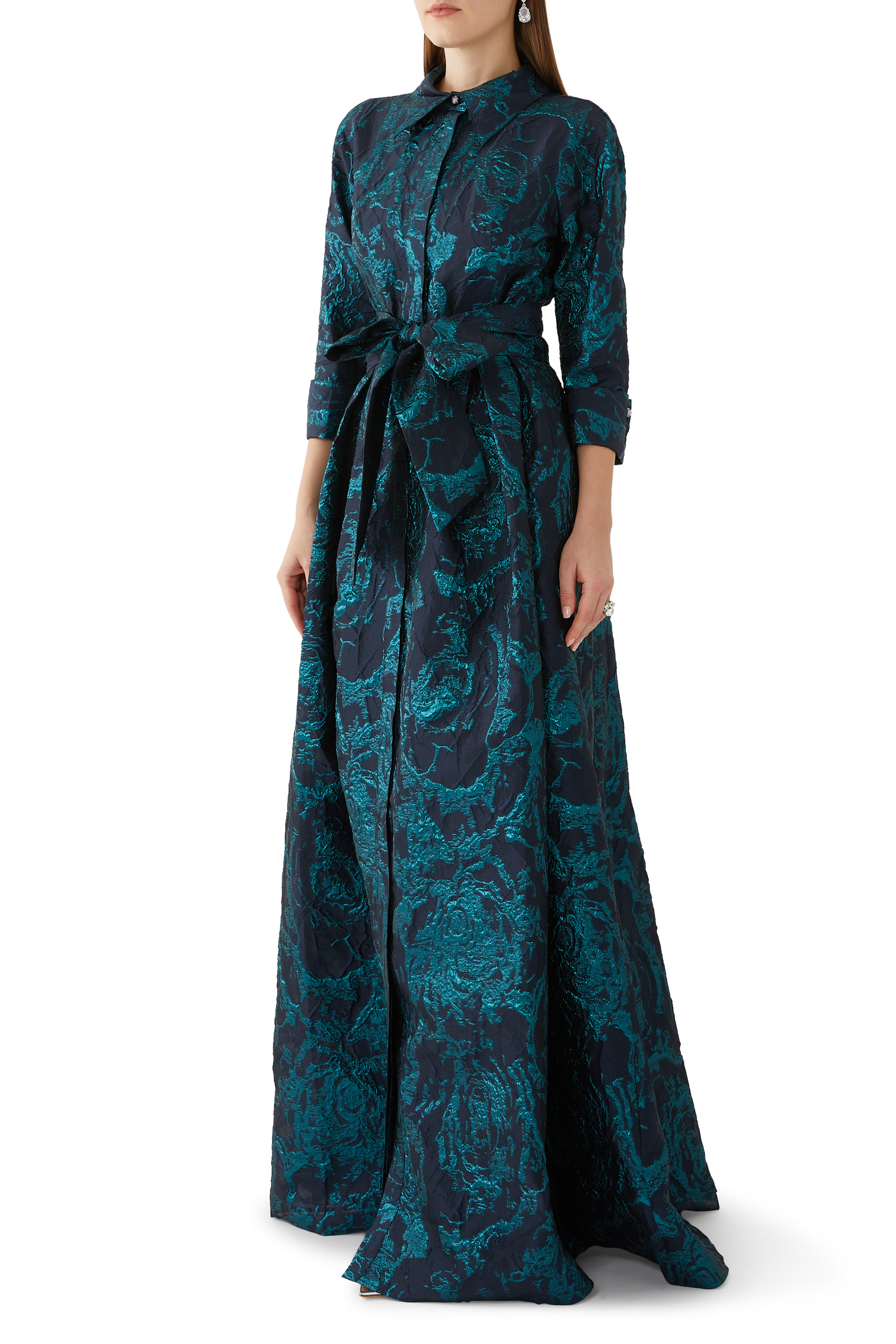 Metallic Jacquard Abstract Print Shirtdress