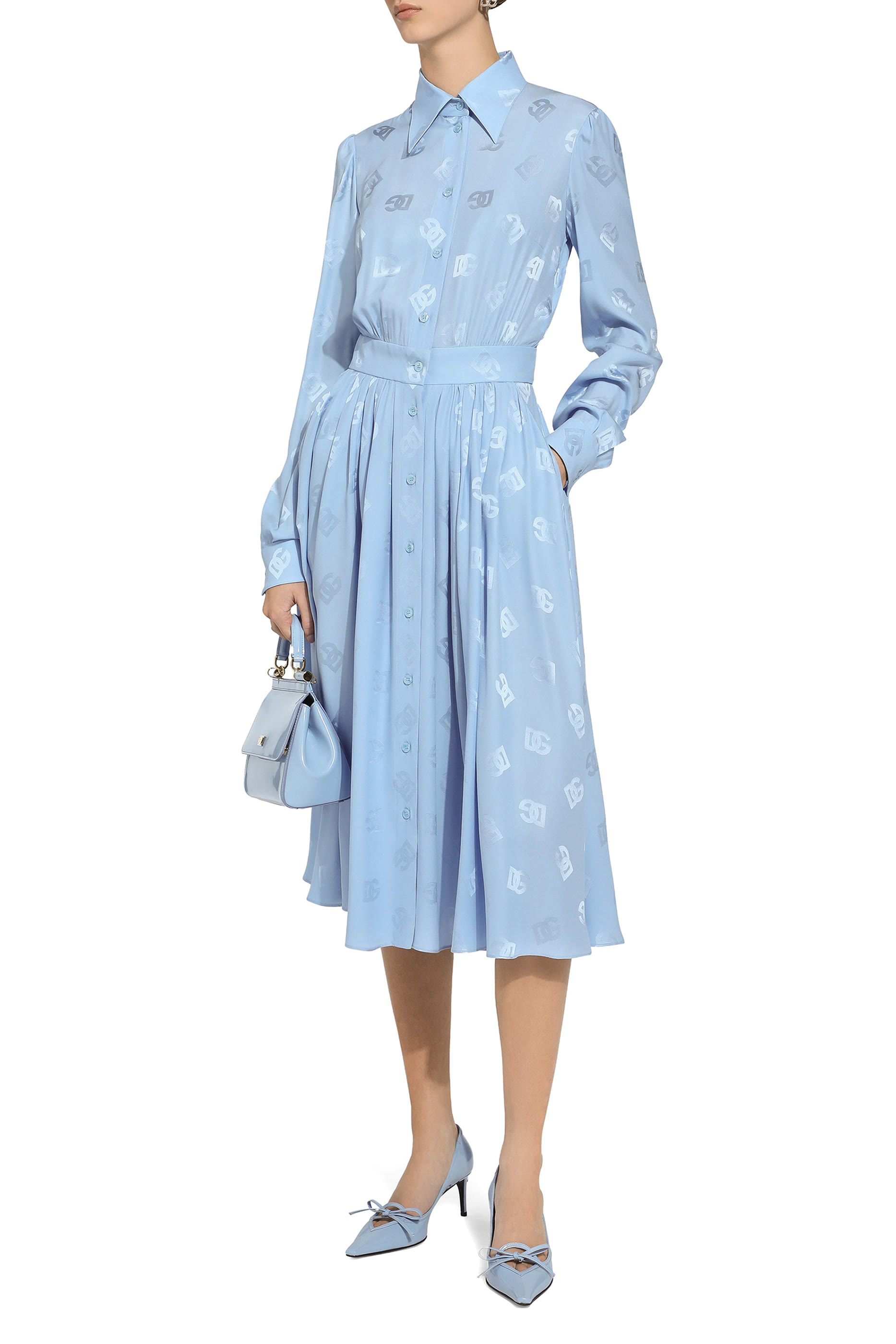 DG Logo Silk Satin Jacquard Shirt Dress
