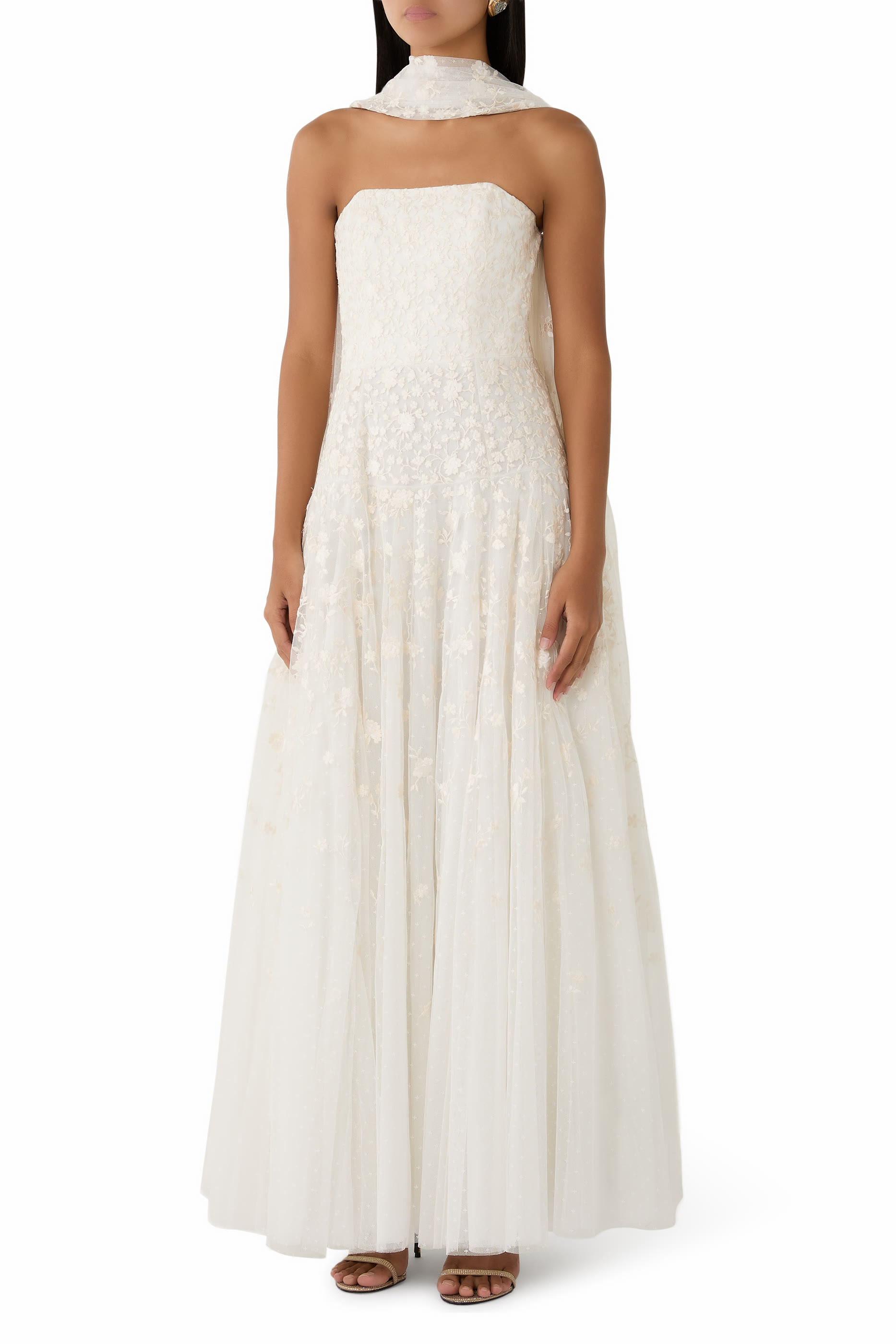 Lea Ditsy Strapless Cape Gown