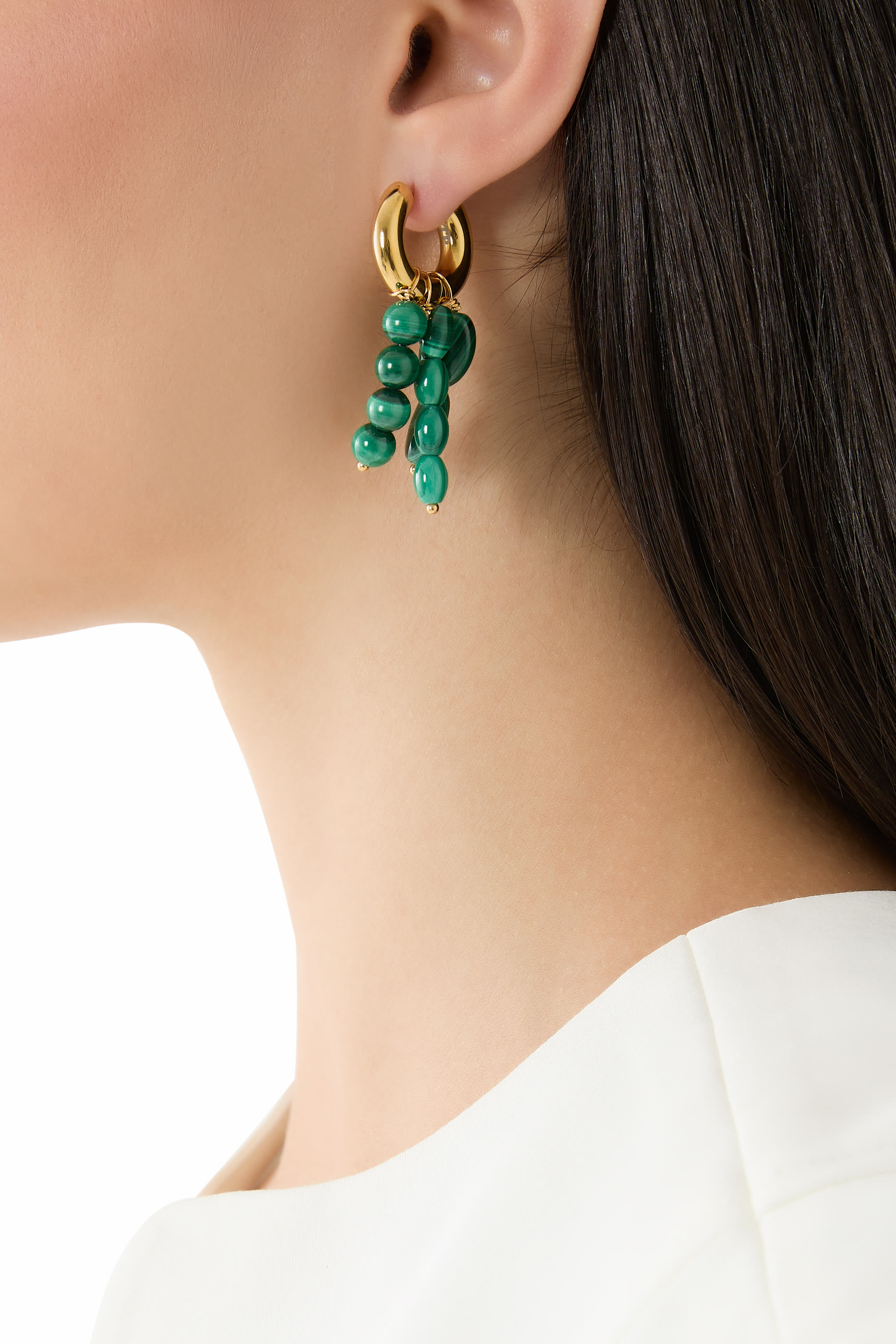 Mismatched Earrings,  24K Gold-Plated Brass with Strass & Malachite