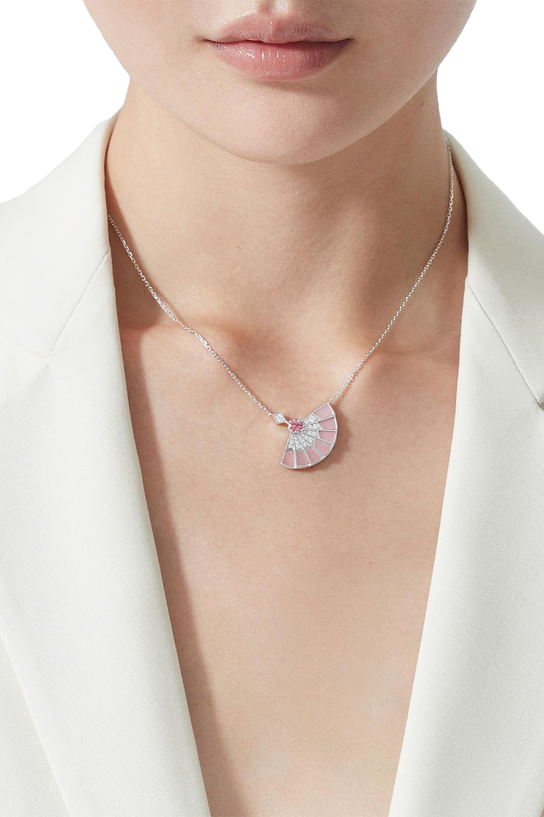 Fanfare Symphony Pendant, 18K White Gold with Pink Tourmaline, Diamonds & Pink Opal