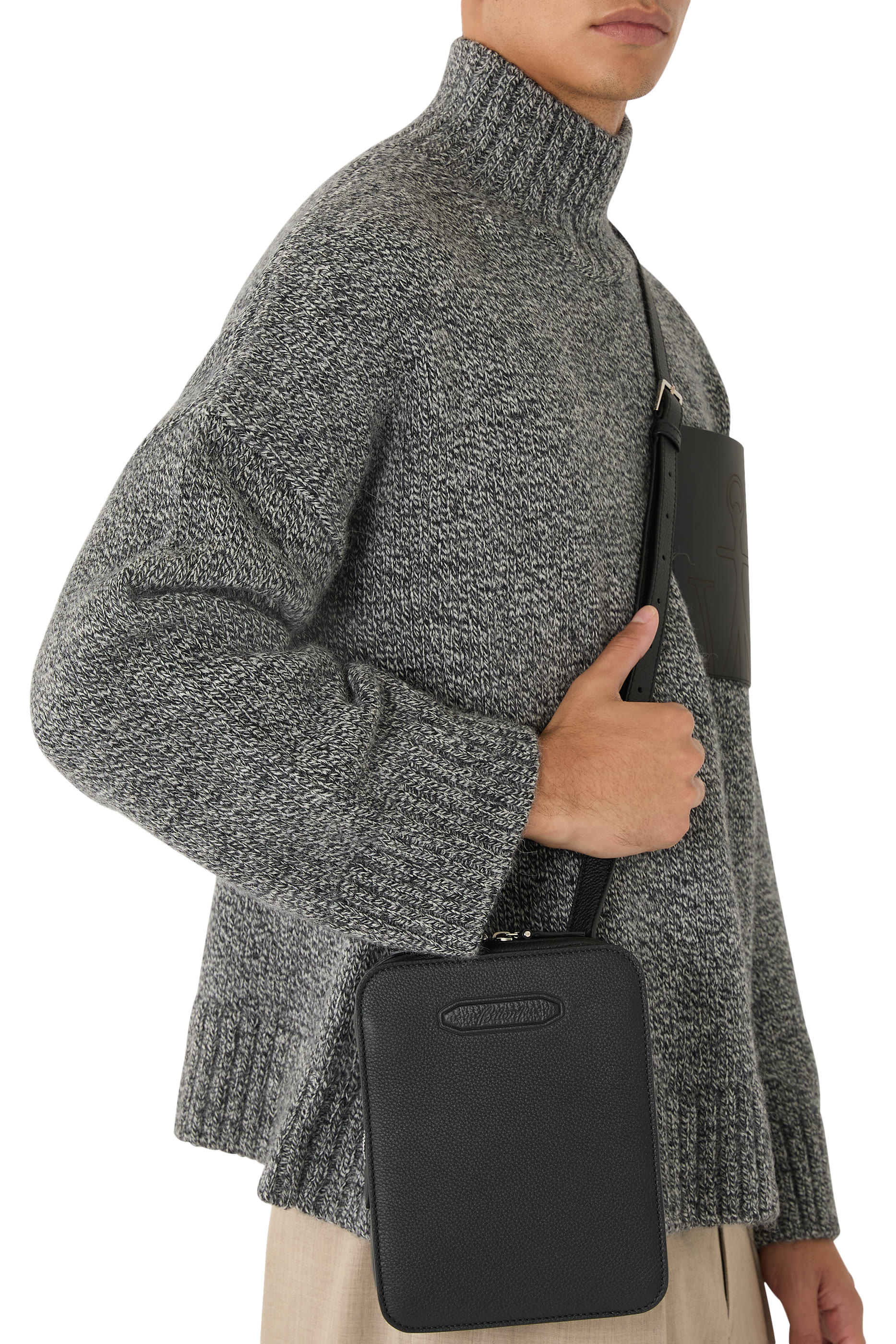 Logo Grained Leather Messenger Bag