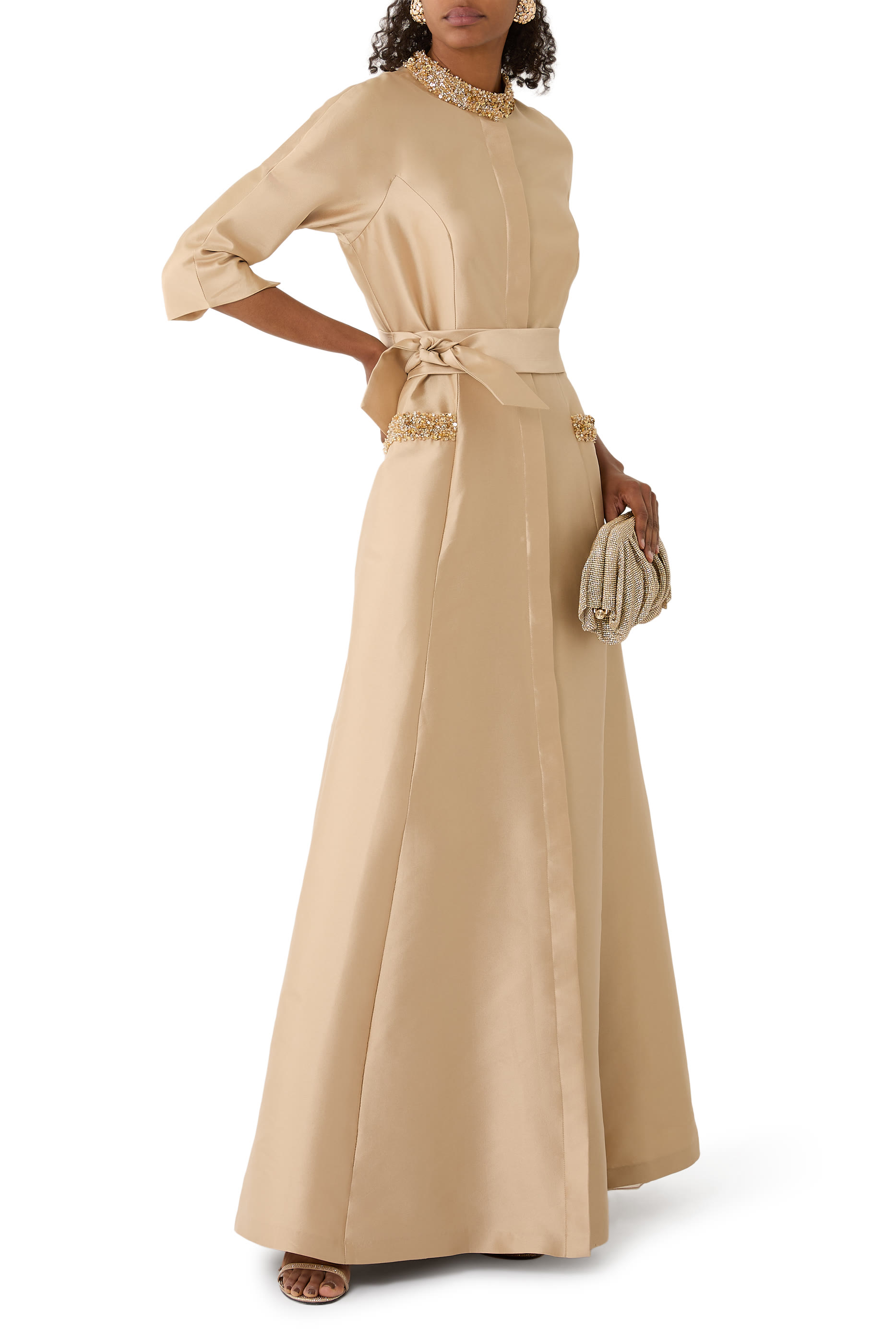 Mikado Bead Collar and Pocket Shirt Waist Gown
