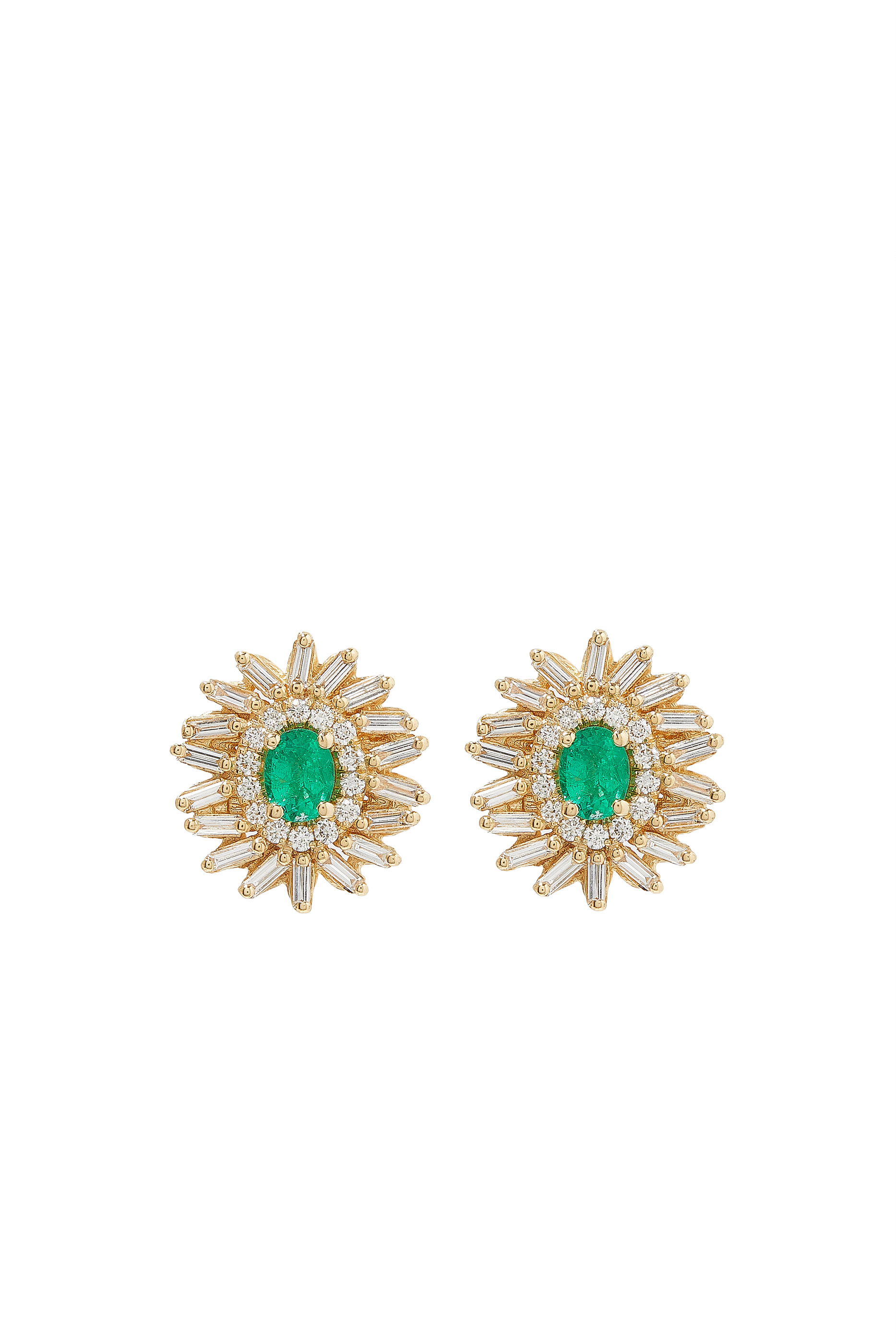 Bold Spark Emerald Studs, 18k Yellow Gold, Emerald Baguettes & Diamonds