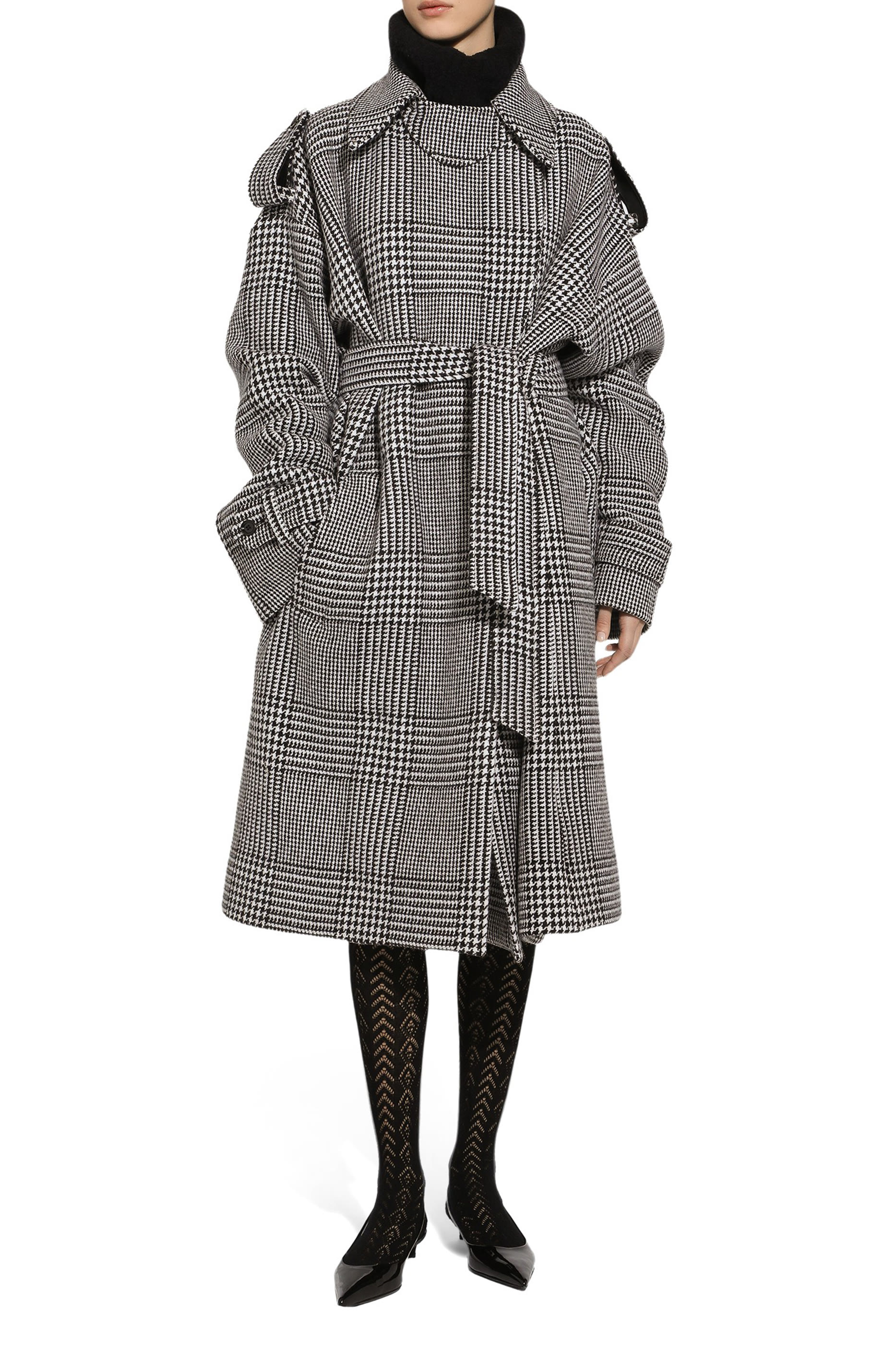 Houndstooth Check Wool Trench Coat