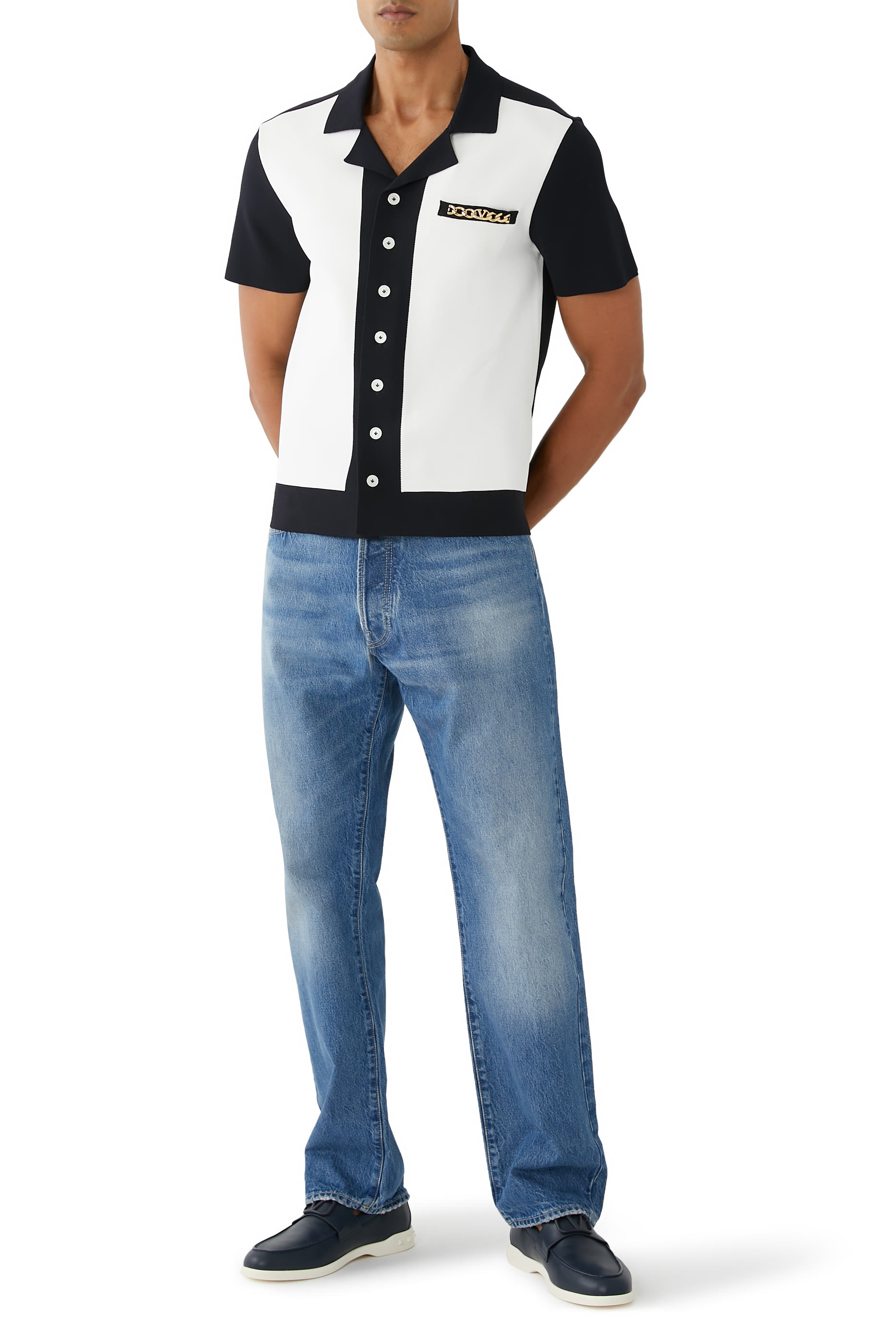 Denim Pants with Metallic V Detail