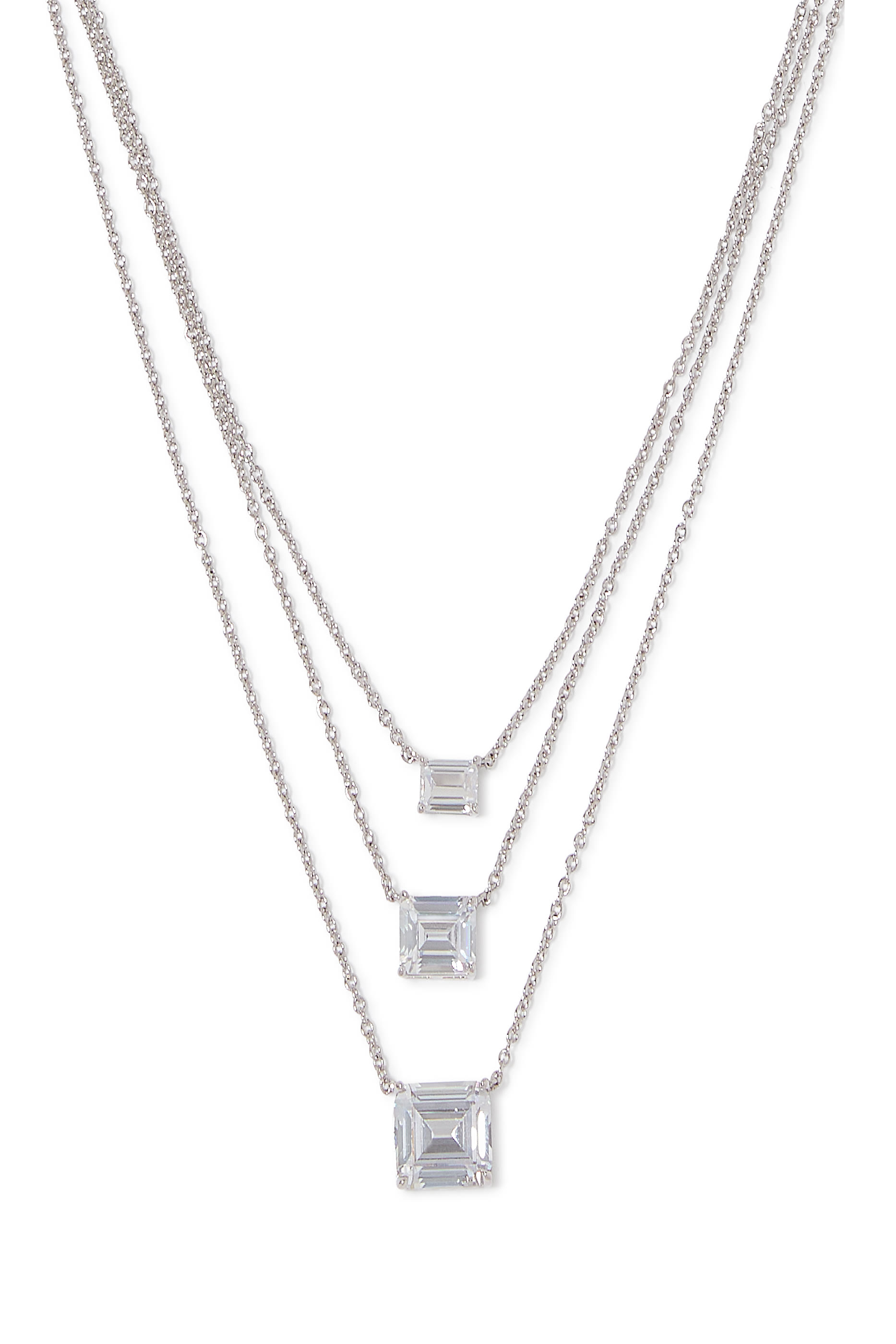  Triple Layered Pendant Necklace, Rhodium Plated Brass & Cubic Zirconia