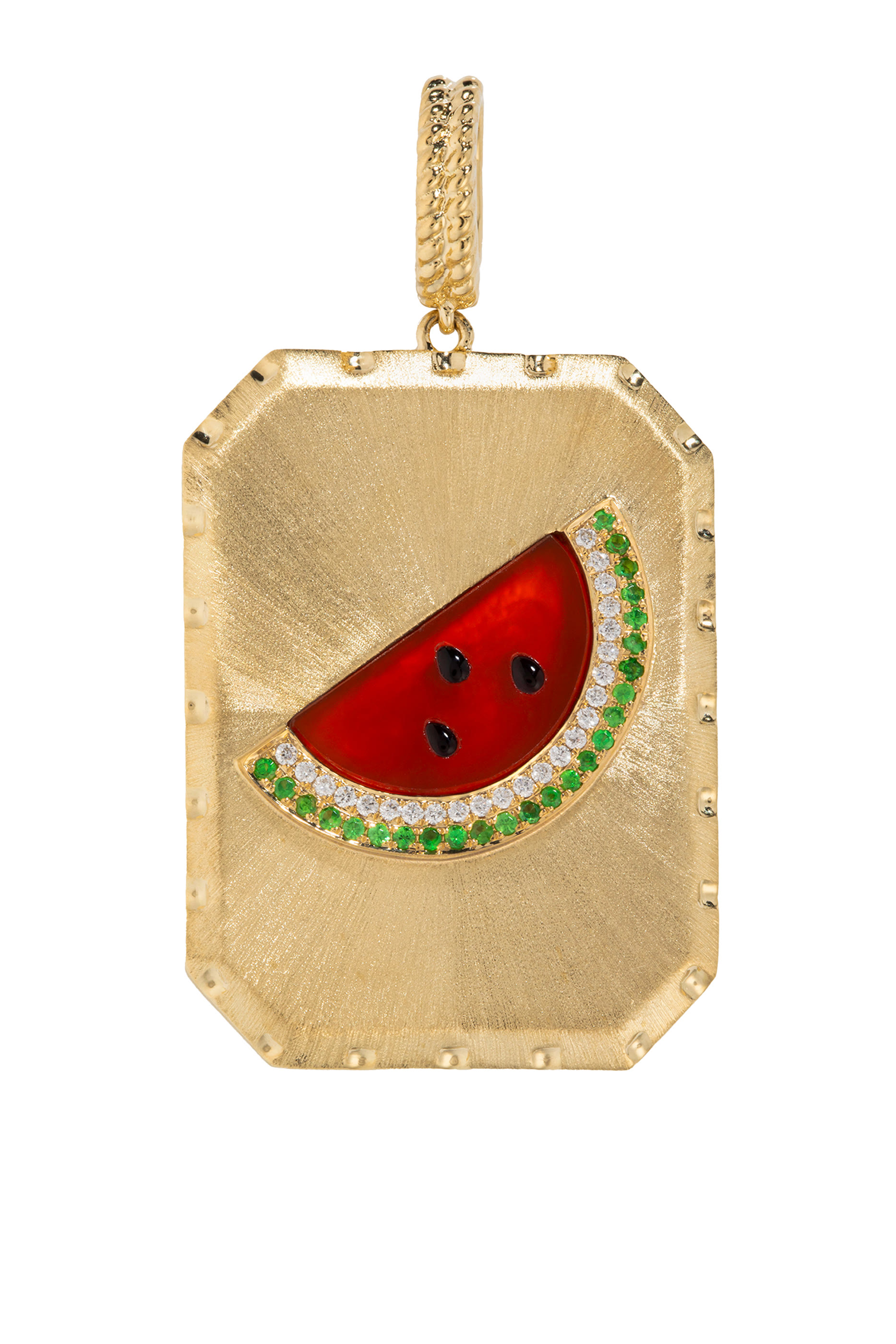 Watermelon Brushed Charm,  18K Yellow Gold with Red Agate & Diamonds